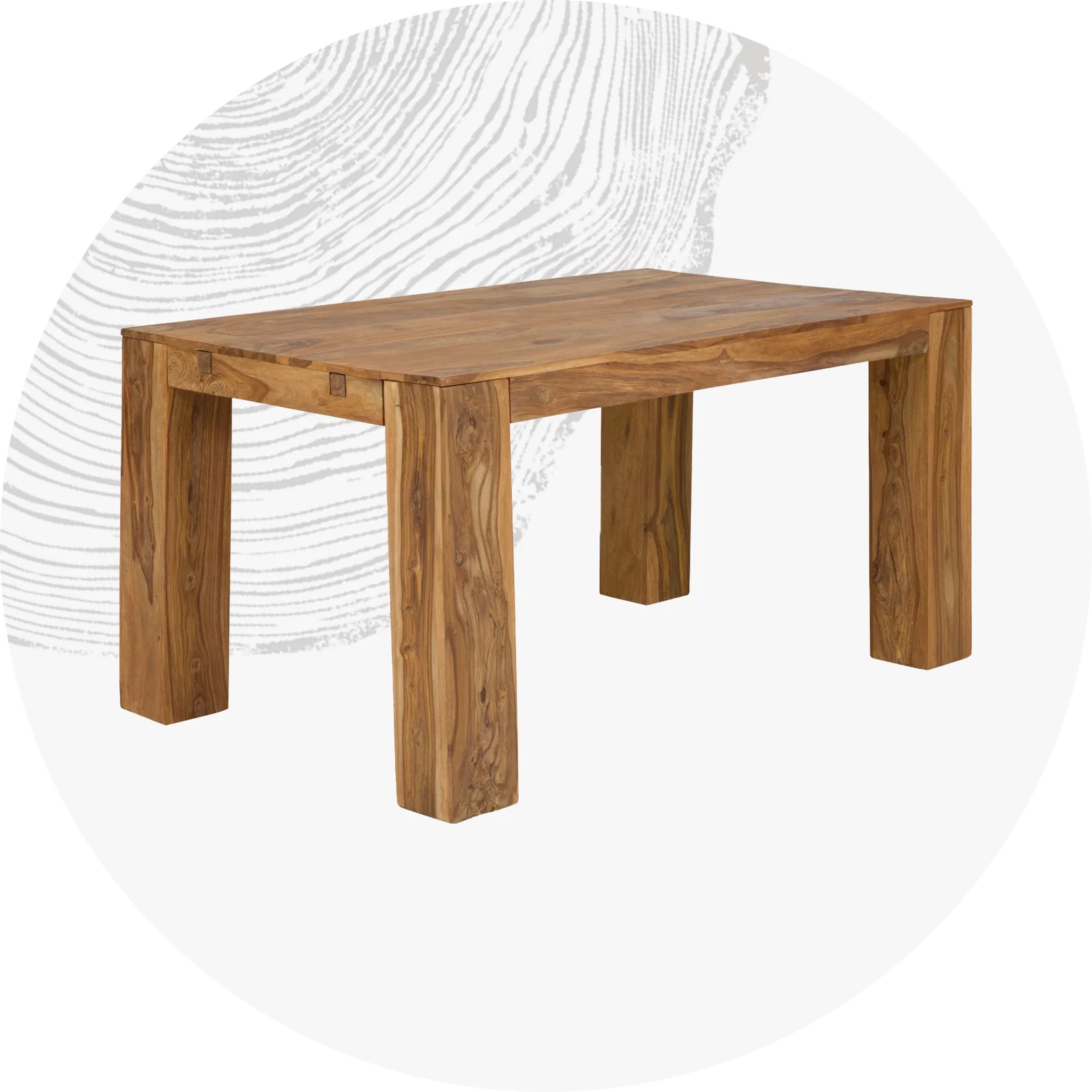 Kollektion verschiedener Holztische in warmen Holzfarbtönen, Studioaufnahme vor neutralem Hintergrund – moderne und rustikale Designs