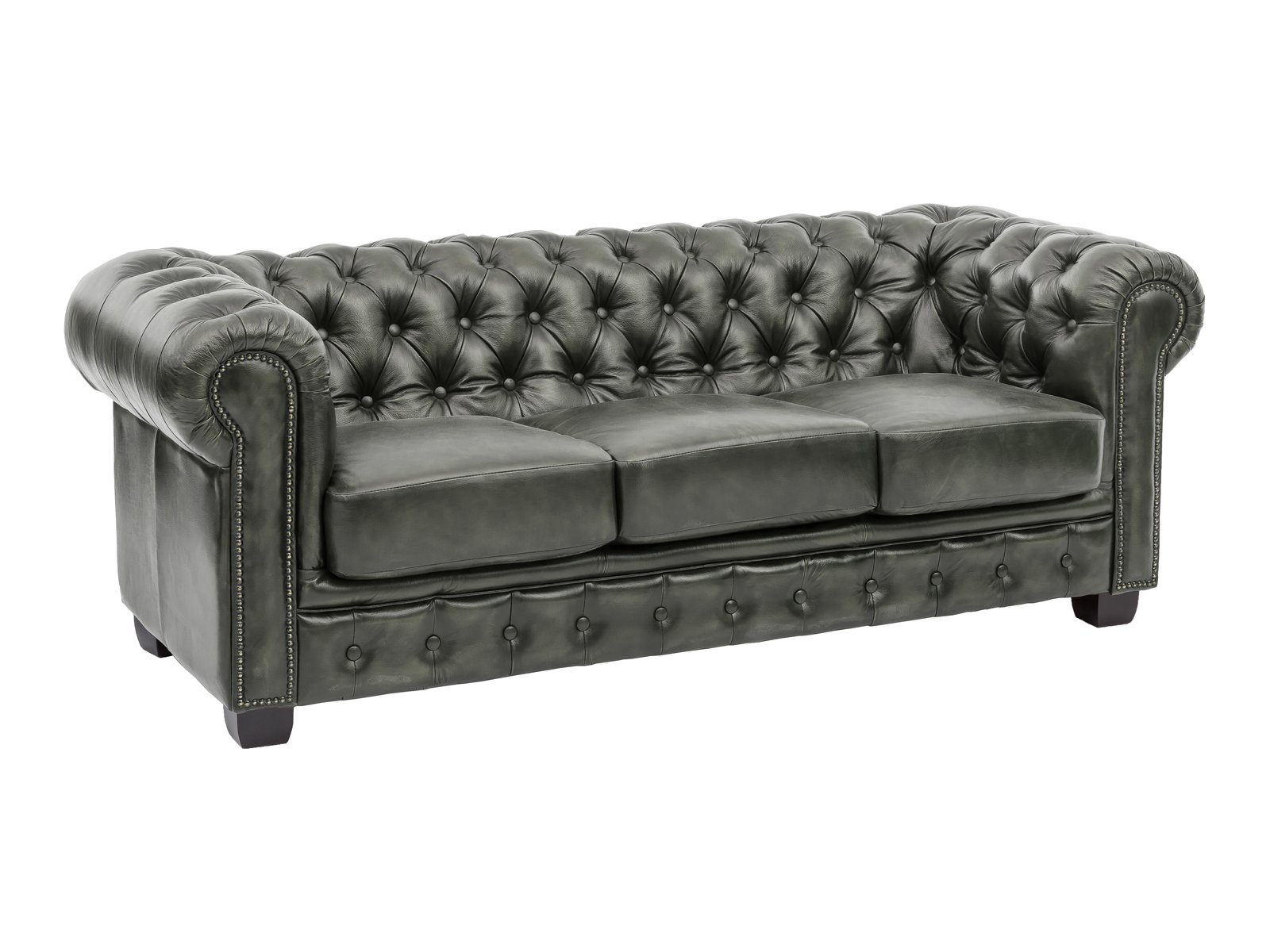 Sofa Chesterfield 3-Sitzer Echtleder grün 200x72x90 Schrägansicht