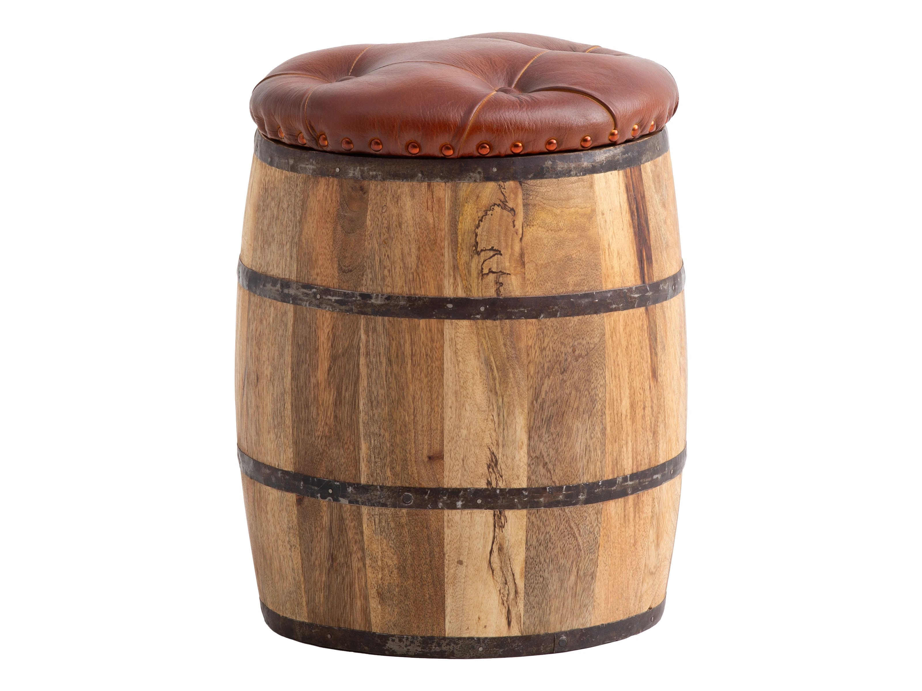 Holzfass Flip Sitzhocker Freisteller 45°-Ansicht: rustikales Mango-Holzfass mit braunem Lederpolster – vielseitiger Barhocker Holzfass Flip Sitzhocker Freisteller 45°-Ansicht: rustikales Mango-Holzfass mit braunem Lederpolster – vielseitiger Barhocker