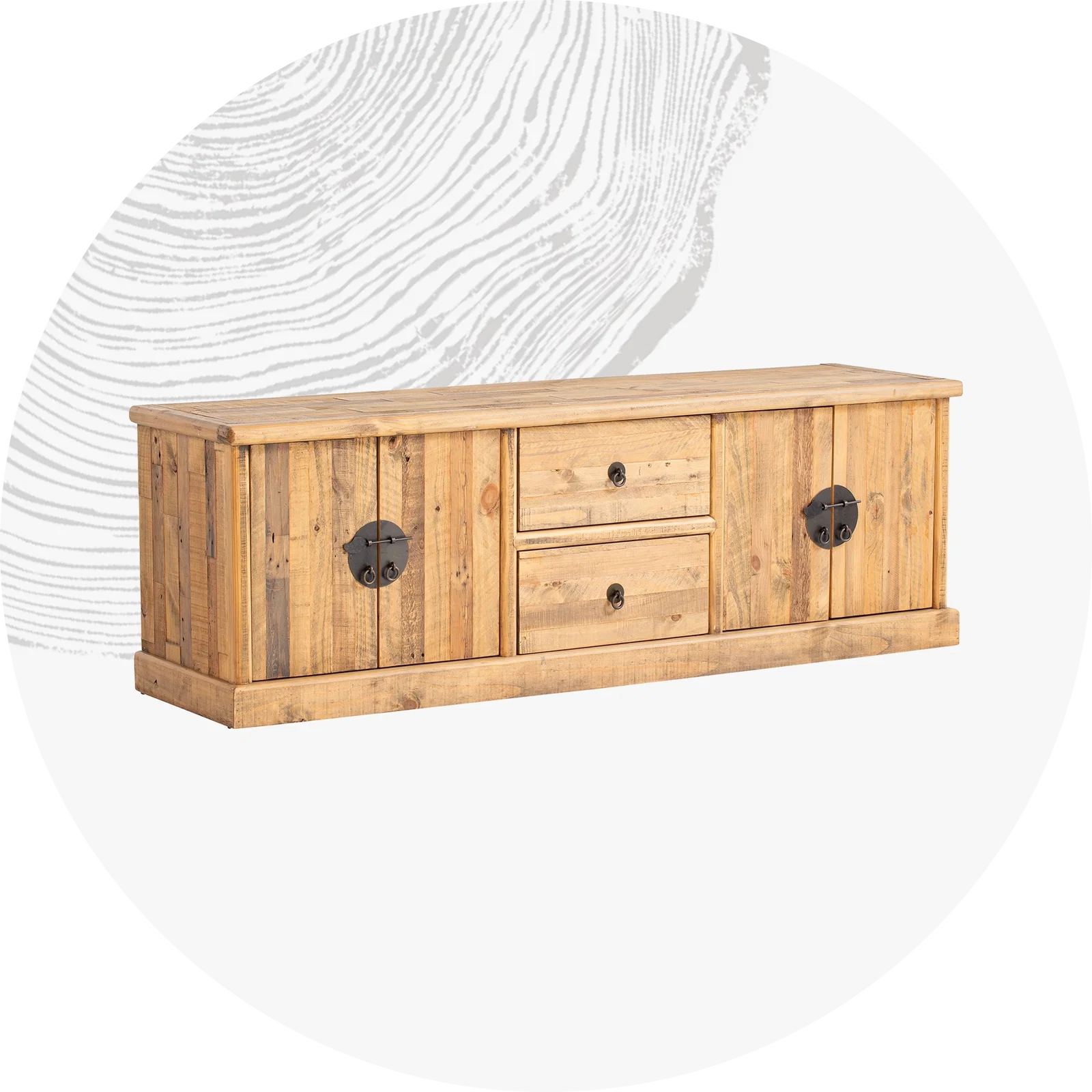 Modernes Holz-TV-Lowboard mit warmer Maserung, offenen Fächern und Schublade, minimalistisches Design, freigestellt