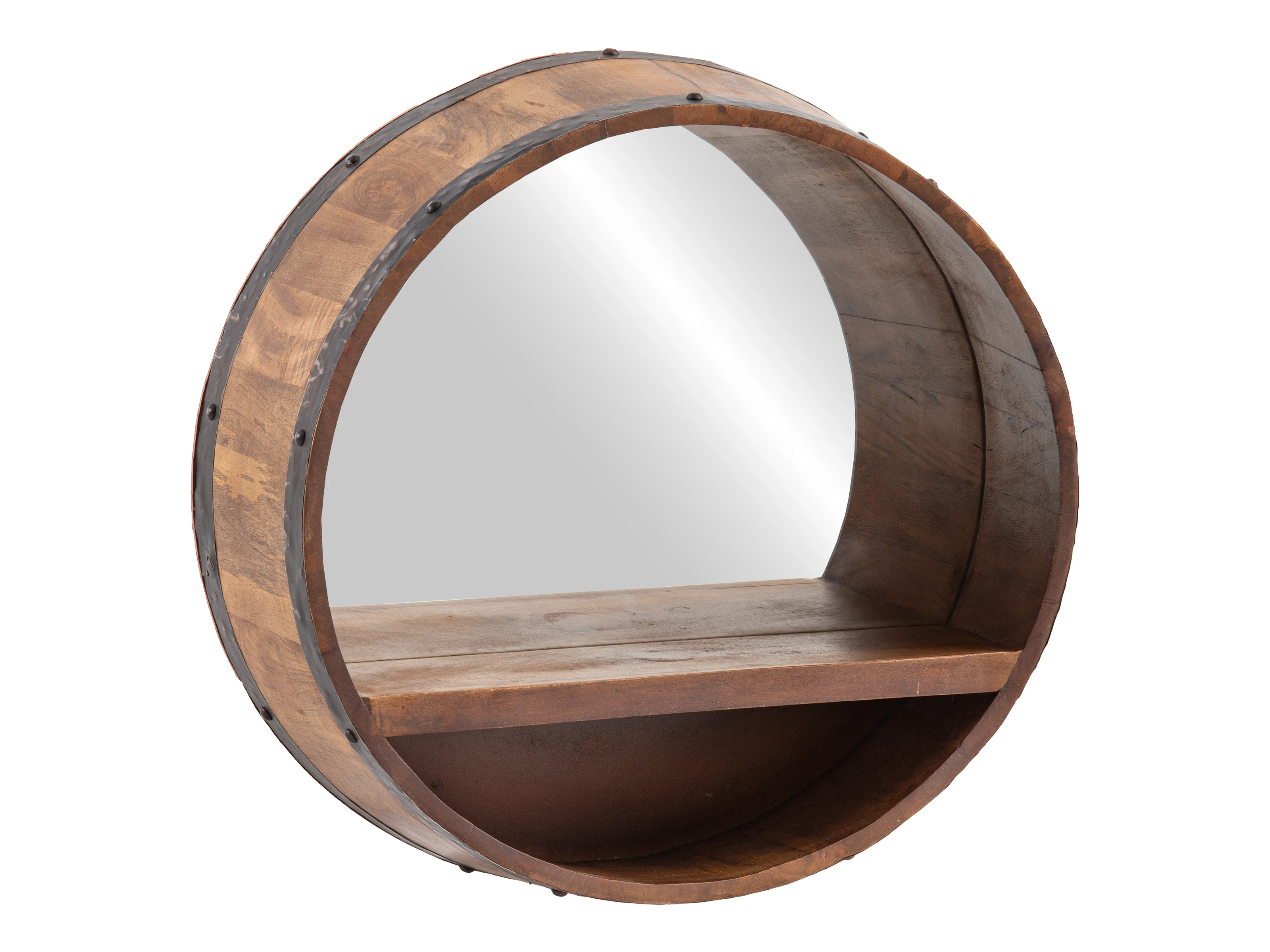 Fehler im Befehl: Falsche Syntax in der Nähe von "Barrel". Freisteller Frontansicht: Runder Badspiegel „Barrel“ aus lackiertem Holz mit integrierter Ablage, Ø55×H55×T22 cm