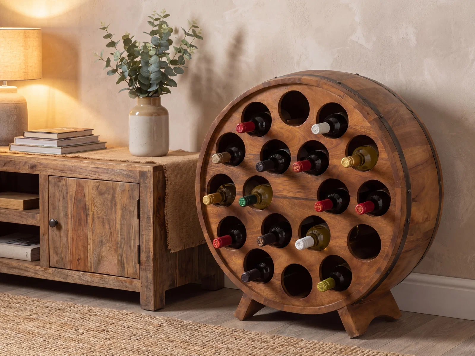 Weinregal Barrel aus Mangoholz rund im Fassdesign