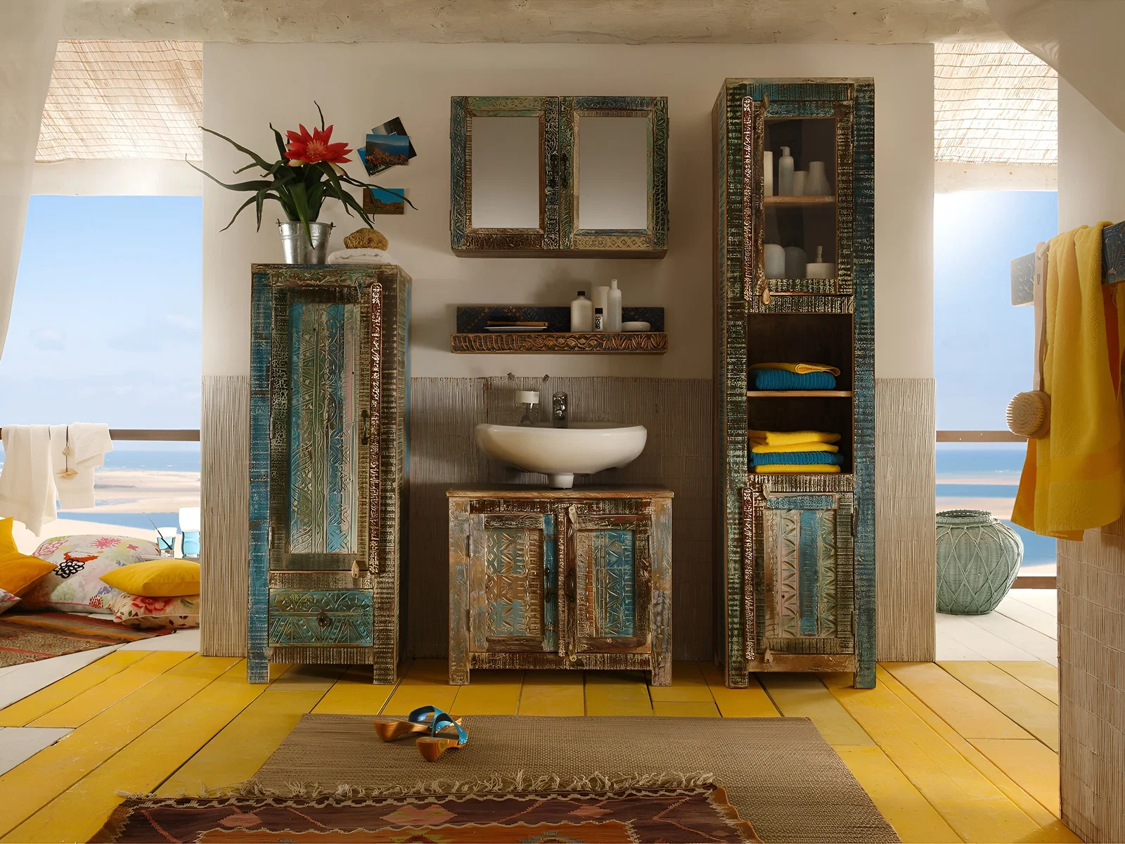 Möbelserie Blue Lagoon – harmonisch kombinierte Badmöbel aus massivem Mangoholz im Ethno-Design