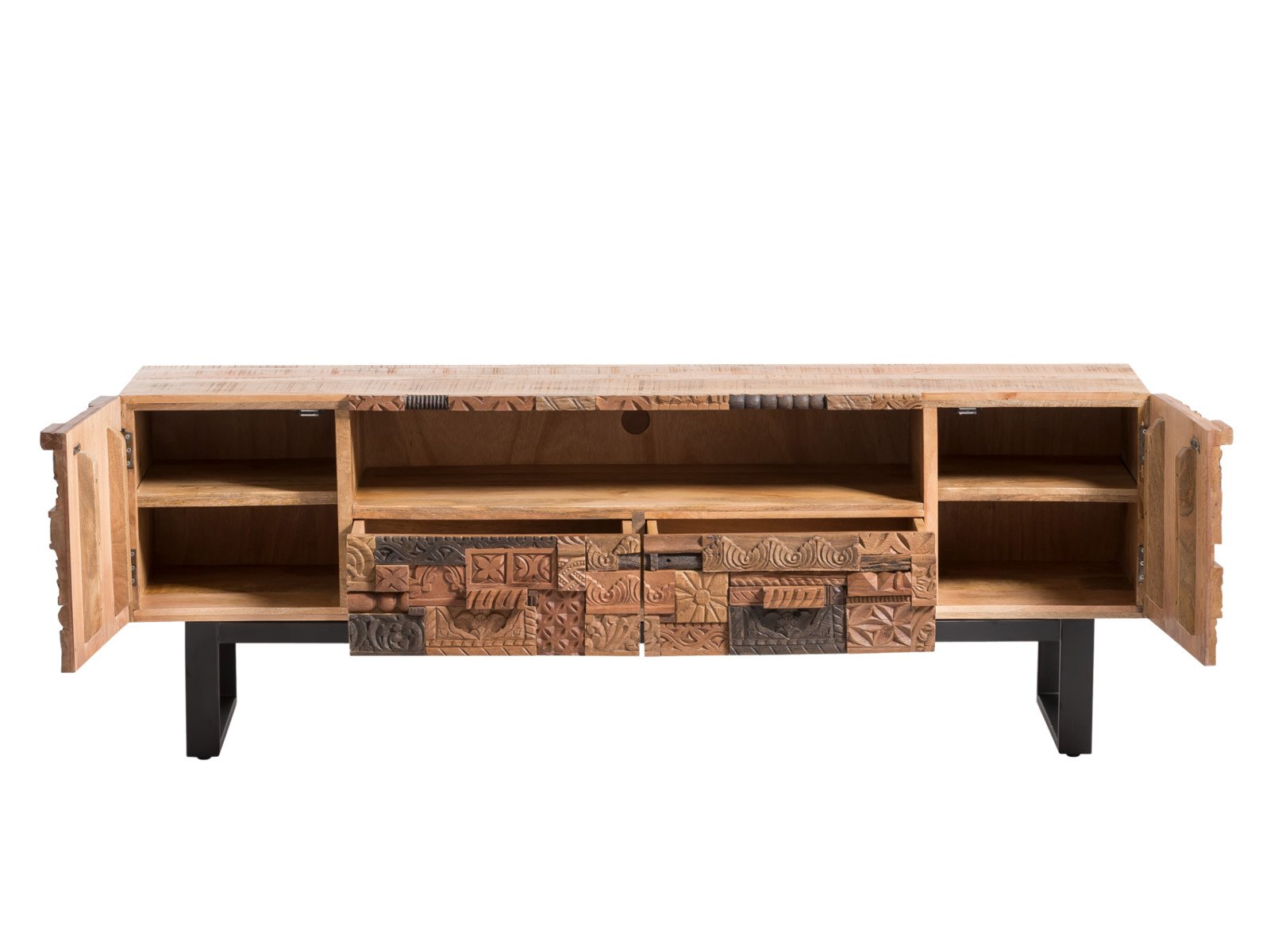 TV-Bank Greenland Holz - Mango 180x65x45 Frontansicht geöffnet