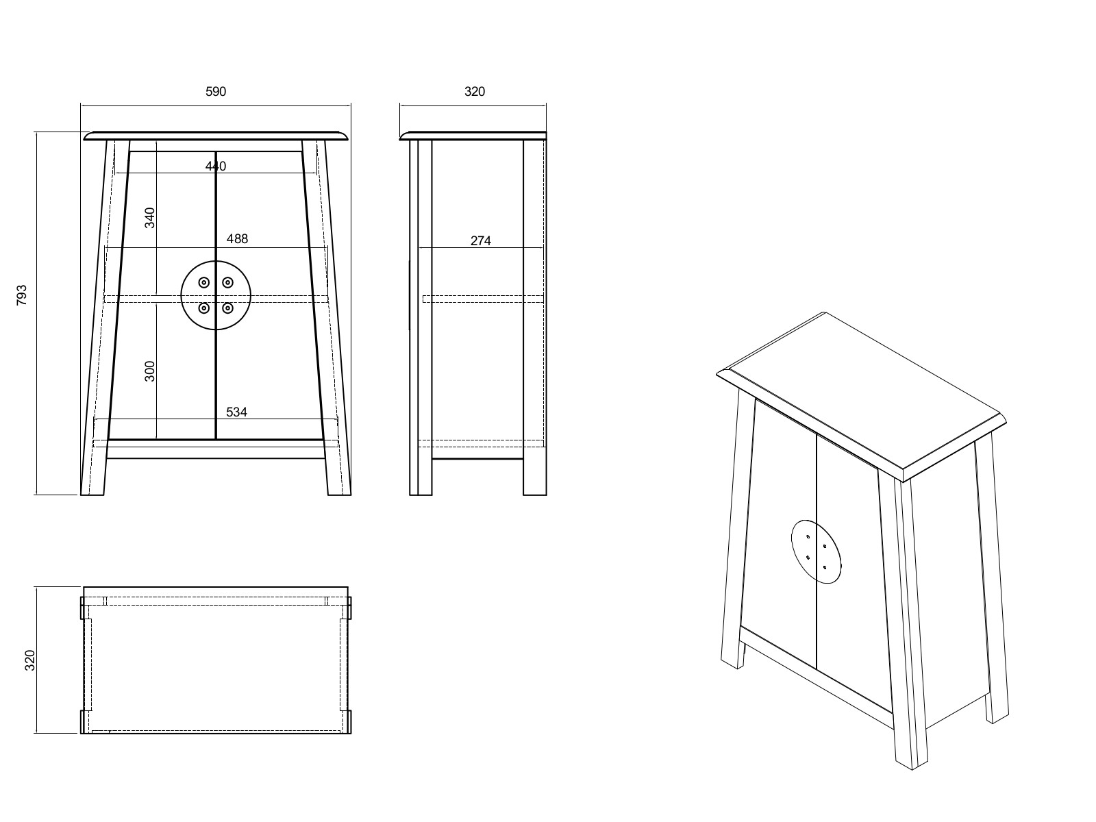Multiview Unterschrank Rangun (59×80×32 cm) aus lackierter Pinie, 2 Türen – Front, Seite, Top & 45°-Ansicht
