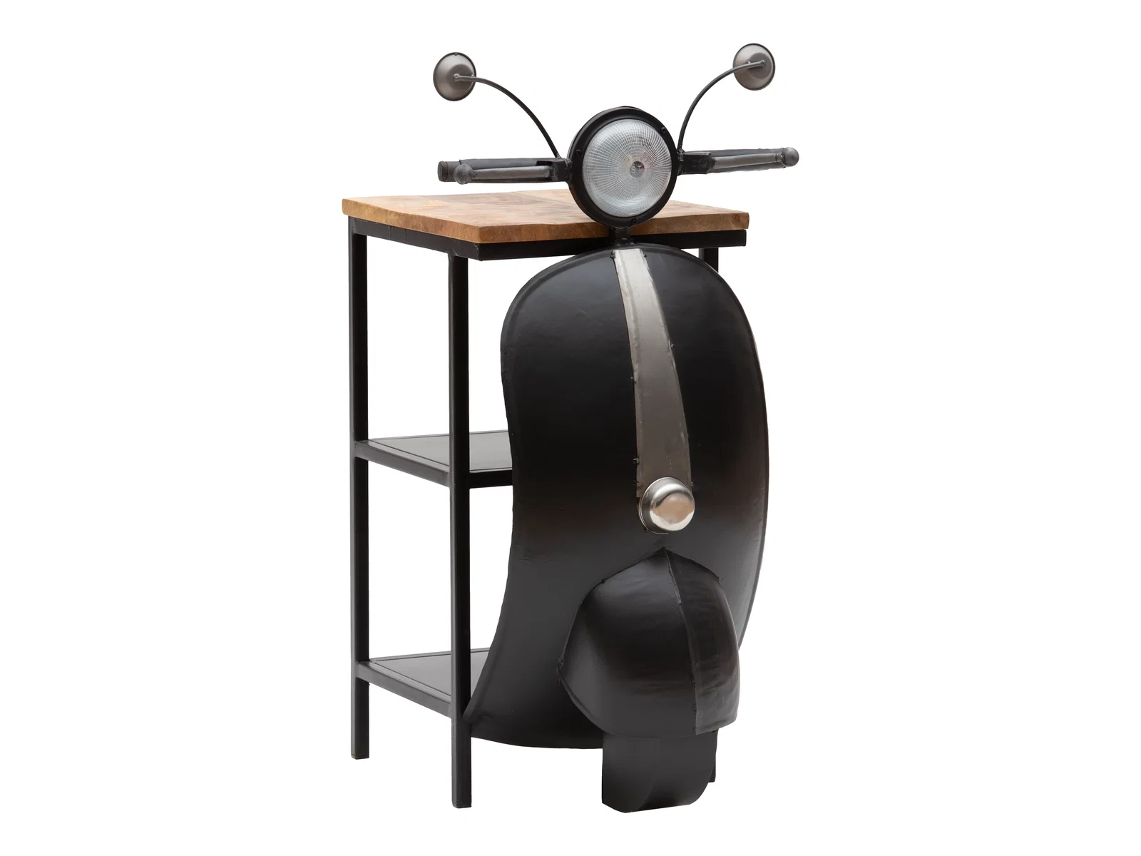 Konsolentisch Scooter Micro Black als Freisteller in 45-Grad-Ansicht, schwarzes Metall, lackierte Oberfläche, mit Holzplatte und Scooter-Design.