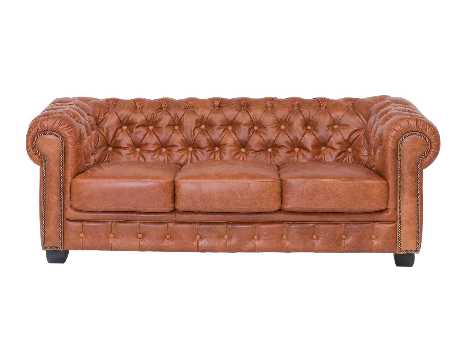 Sofa Chesterfield 3-Sitzer Echtleder vintage cracker 200x72x90 Frontansicht