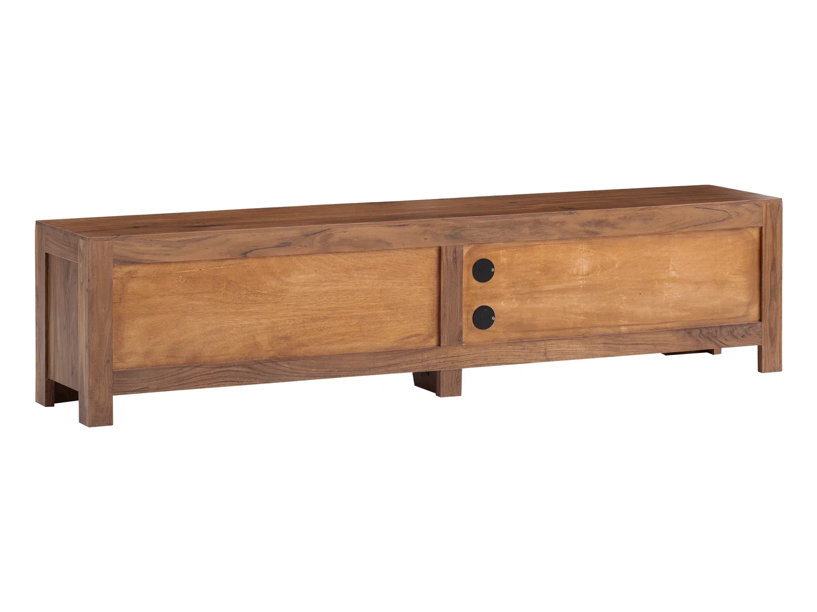 Freisteller-Frontansicht der TV-Bank Osbon in lackierter Akazie (braun) 200×48×45 cm mit zwei Schiebetüren, runden Griffen.