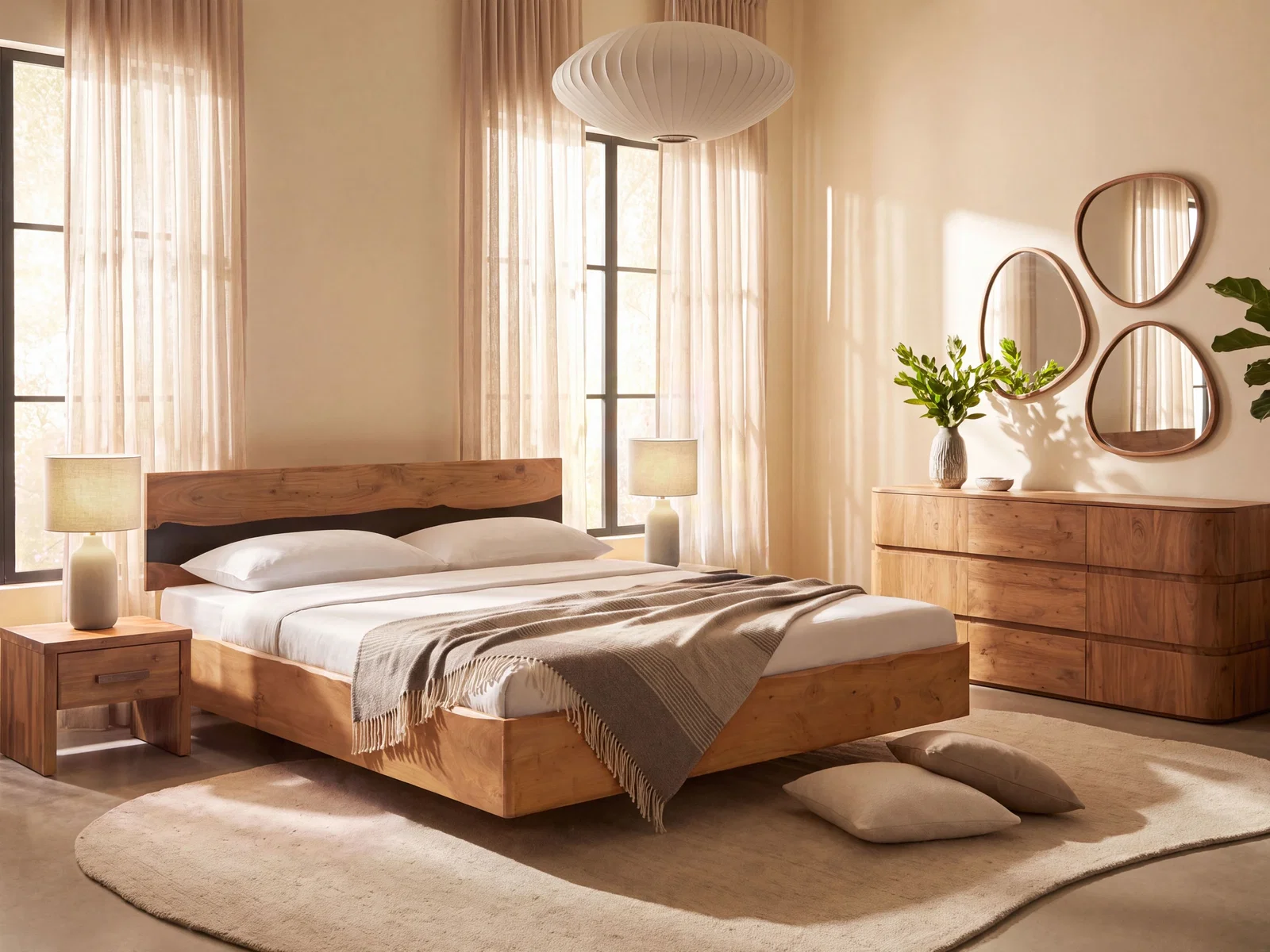 Bett River 180x200 aus Akazienholz in warmem Braun, 45-Grad-Ansicht im stilvollen Wohnbeispiel mit Nachttischen und Kommode