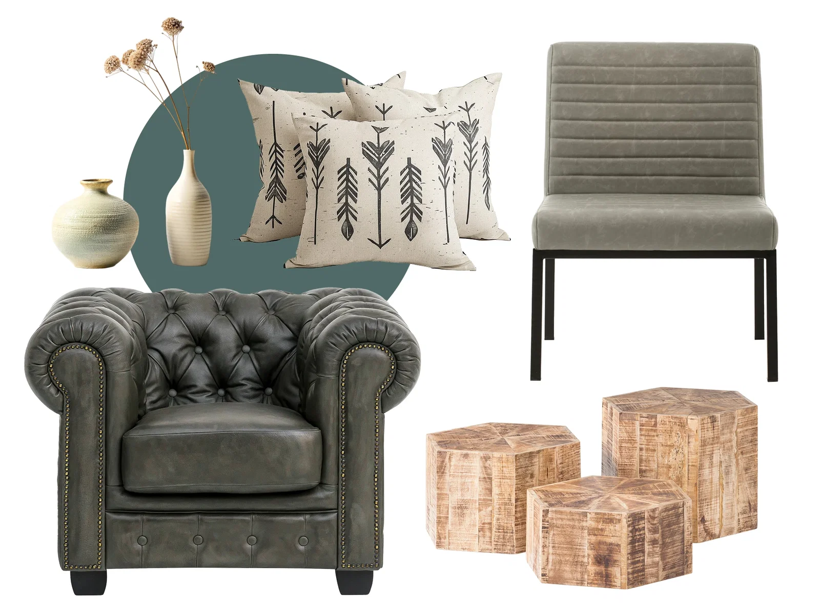 Modernes, helles Wohnzimmer mit massivem Holz-Sideboard, skandinavischem Sofa, grünen Pflanzen und warmem Ambiente