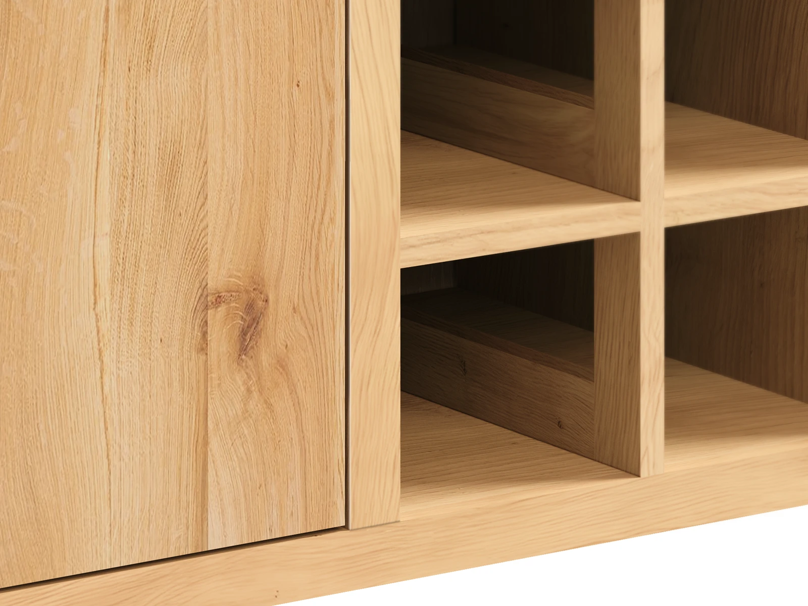 Detailbild: geölte Wildeiche-Oberfläche und offenes Fach am Sideboard Sydney 160 cm – natürliche Holzmaserung im Fokus. Detailbild: geölte Wildeiche-Oberfläche und offenes Fach am Sideboard Sydney 160 cm – natürliche Holzmaserung im Fokus.