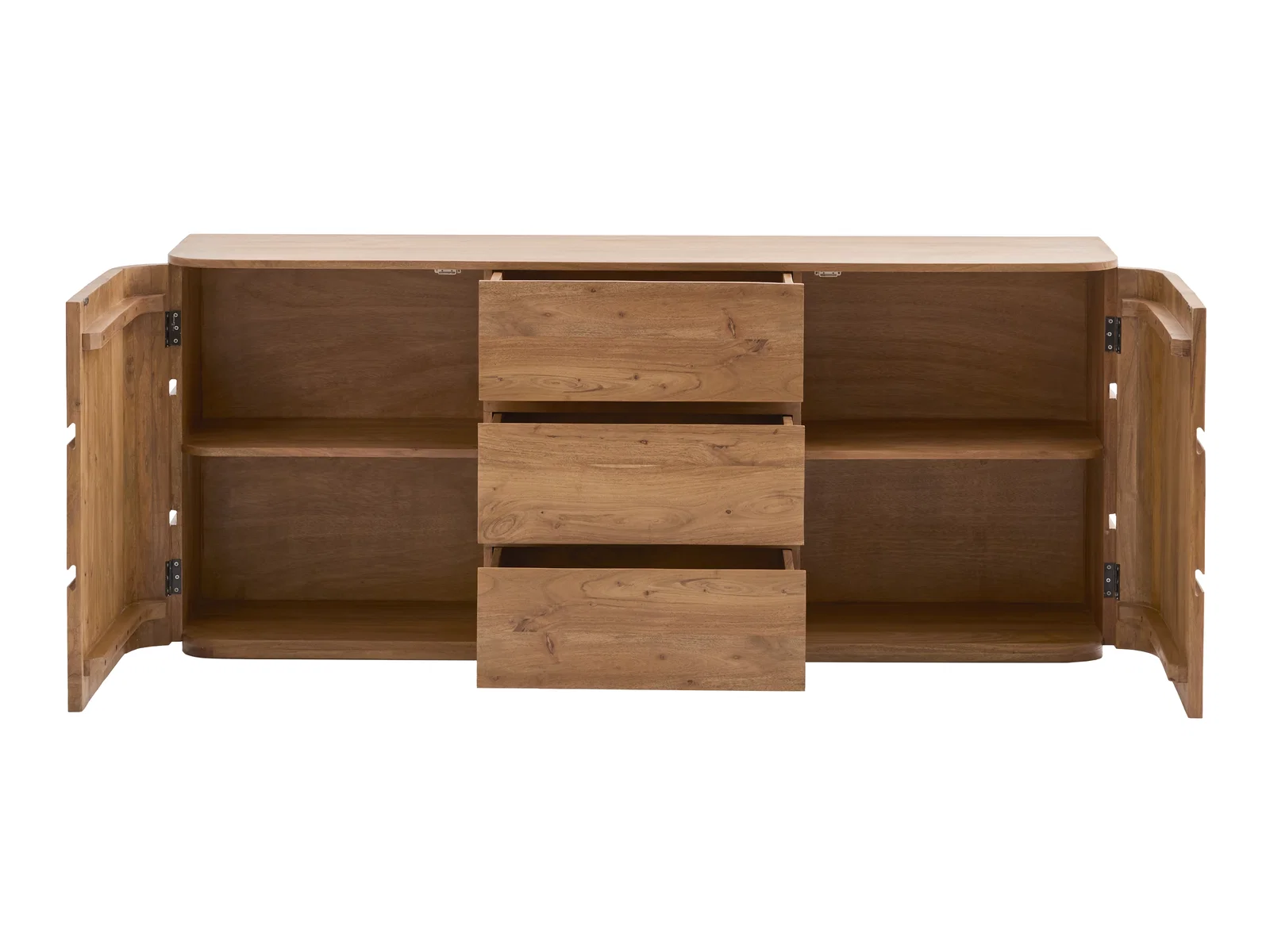 Sideboard Kala aus Akazie braun, Freisteller in Frontansicht geöffnet mit 2 Türen und 3 Schubladen, detailreiche Produktpräsentation.