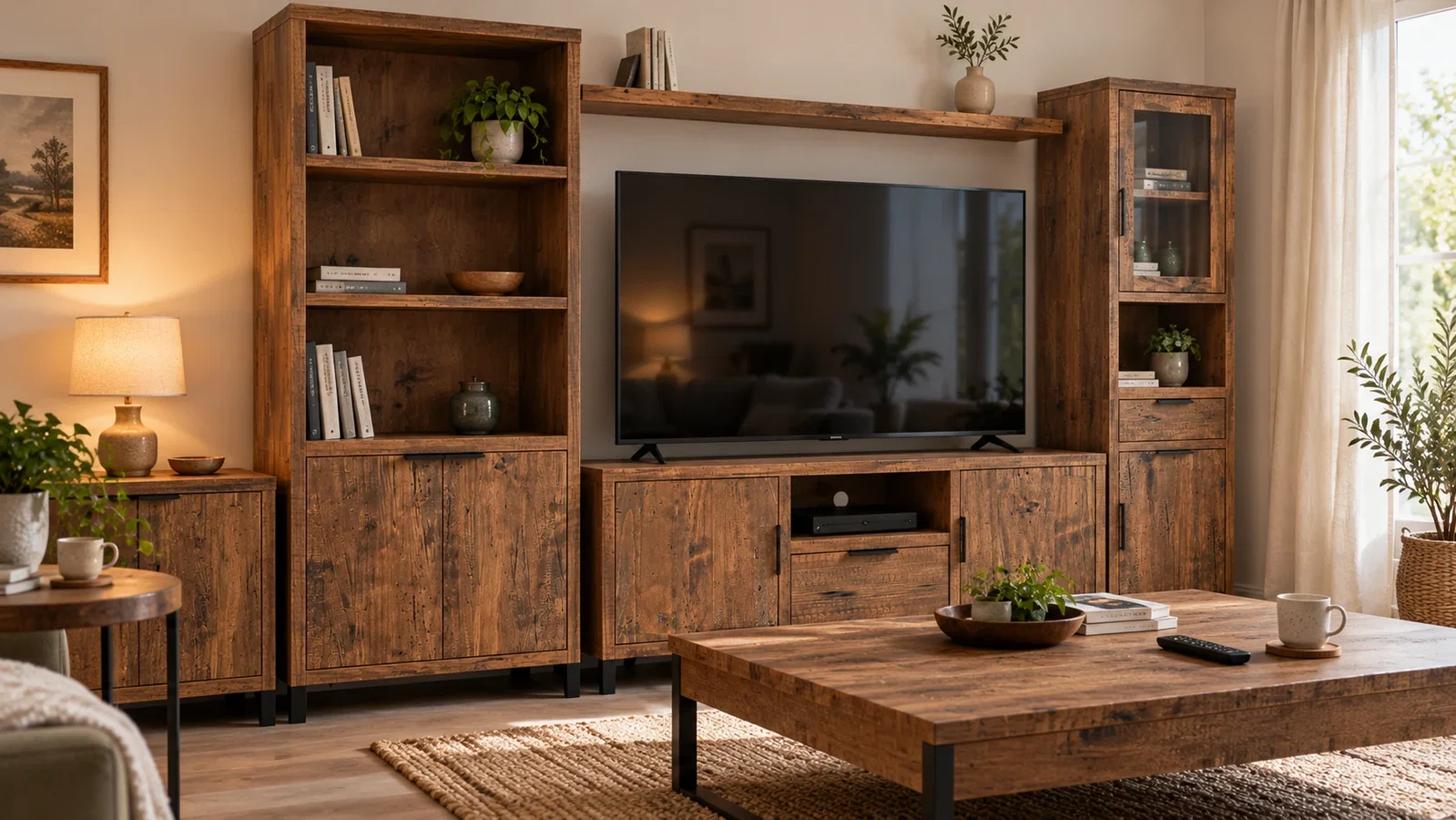 Negativbeispiel für ein kleines Wohnzimmer mit zu vielen großen und eng aneinander gestellten Möbeln
