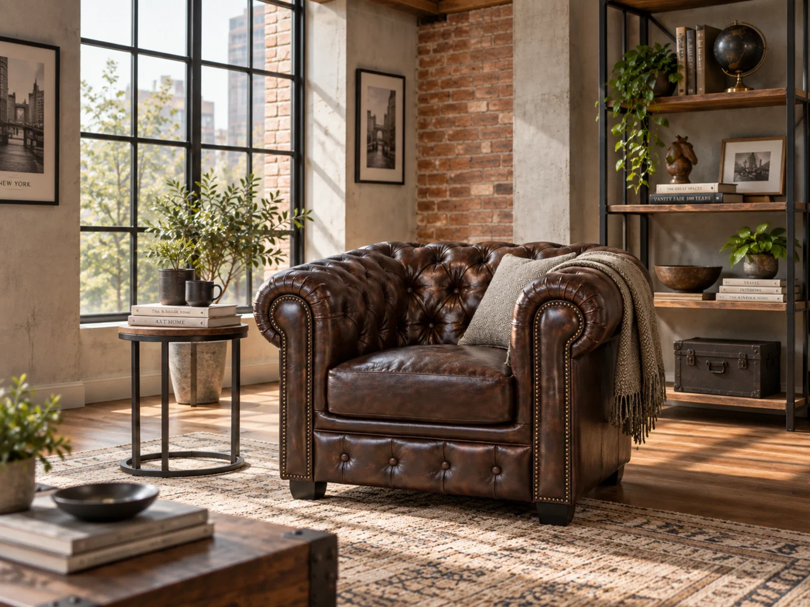 Sessel Chesterfield Echtleder antik-braun mit Ziernägeln