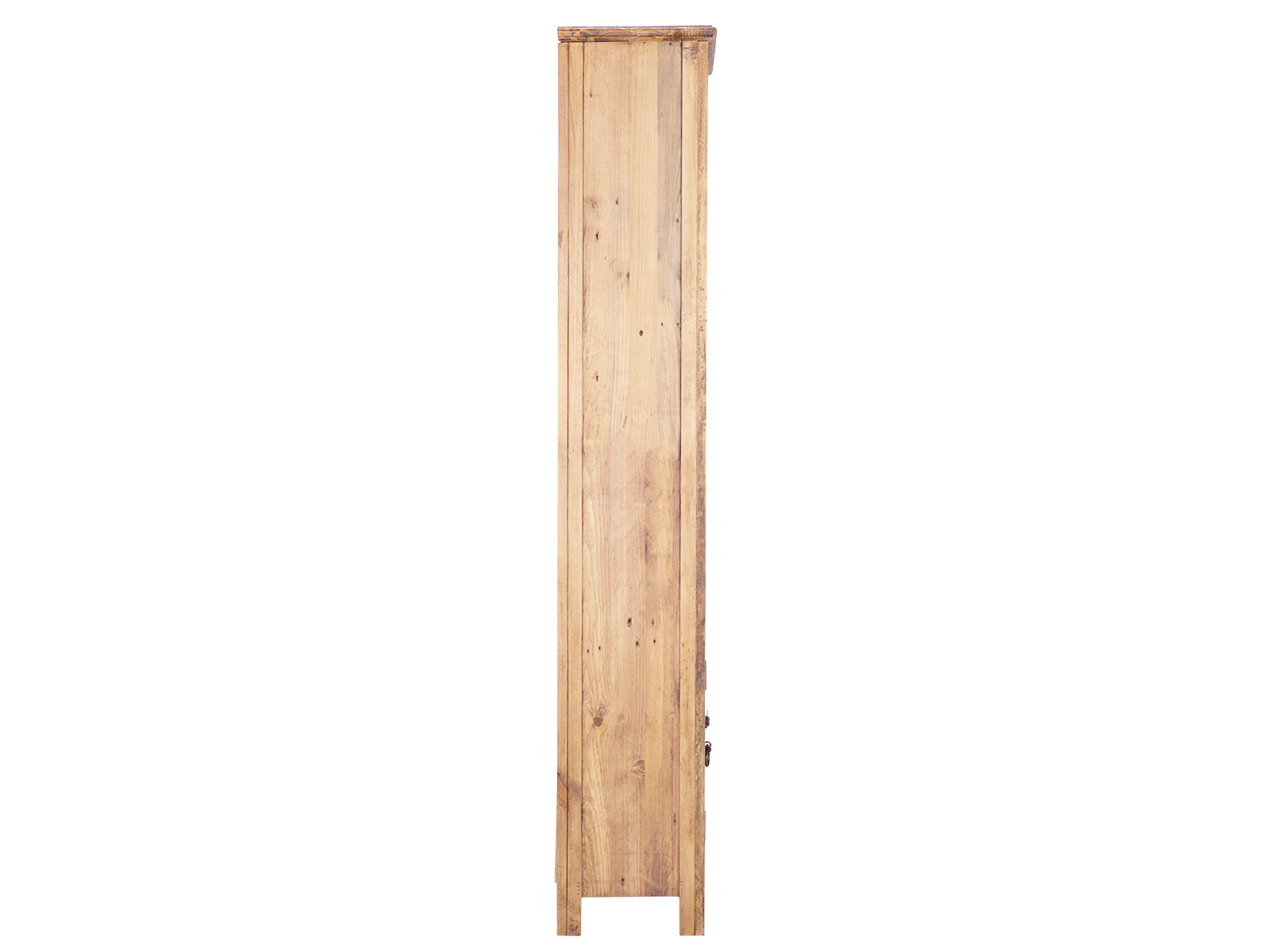 Freisteller Seitenansicht des Hochschranks Rangun (170×48×32 cm) aus recycelter, lackierter Pinie – platzsparender Stauraum.