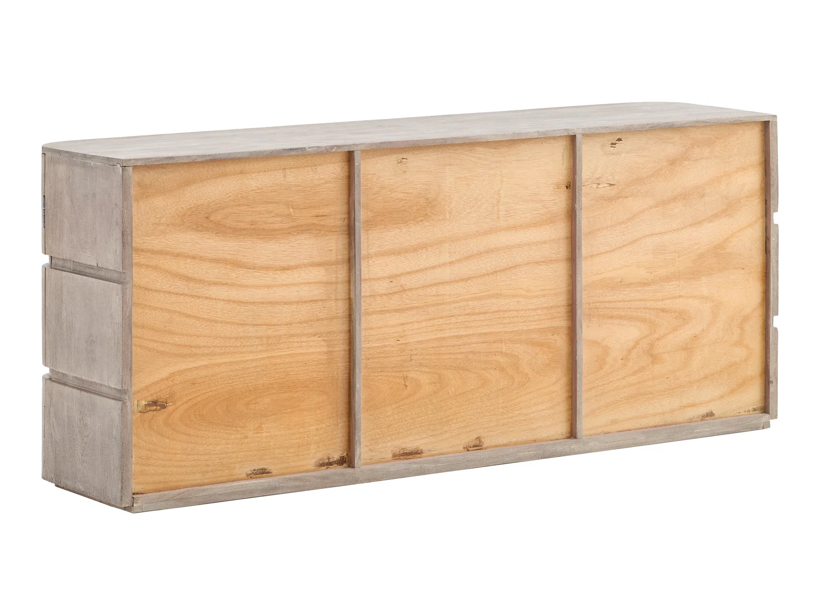 TV Sideboard Kala Akazie grau, Freisteller Rückansicht in 45-Grad-Ansicht aus Holz mit lackierter Oberfläche.