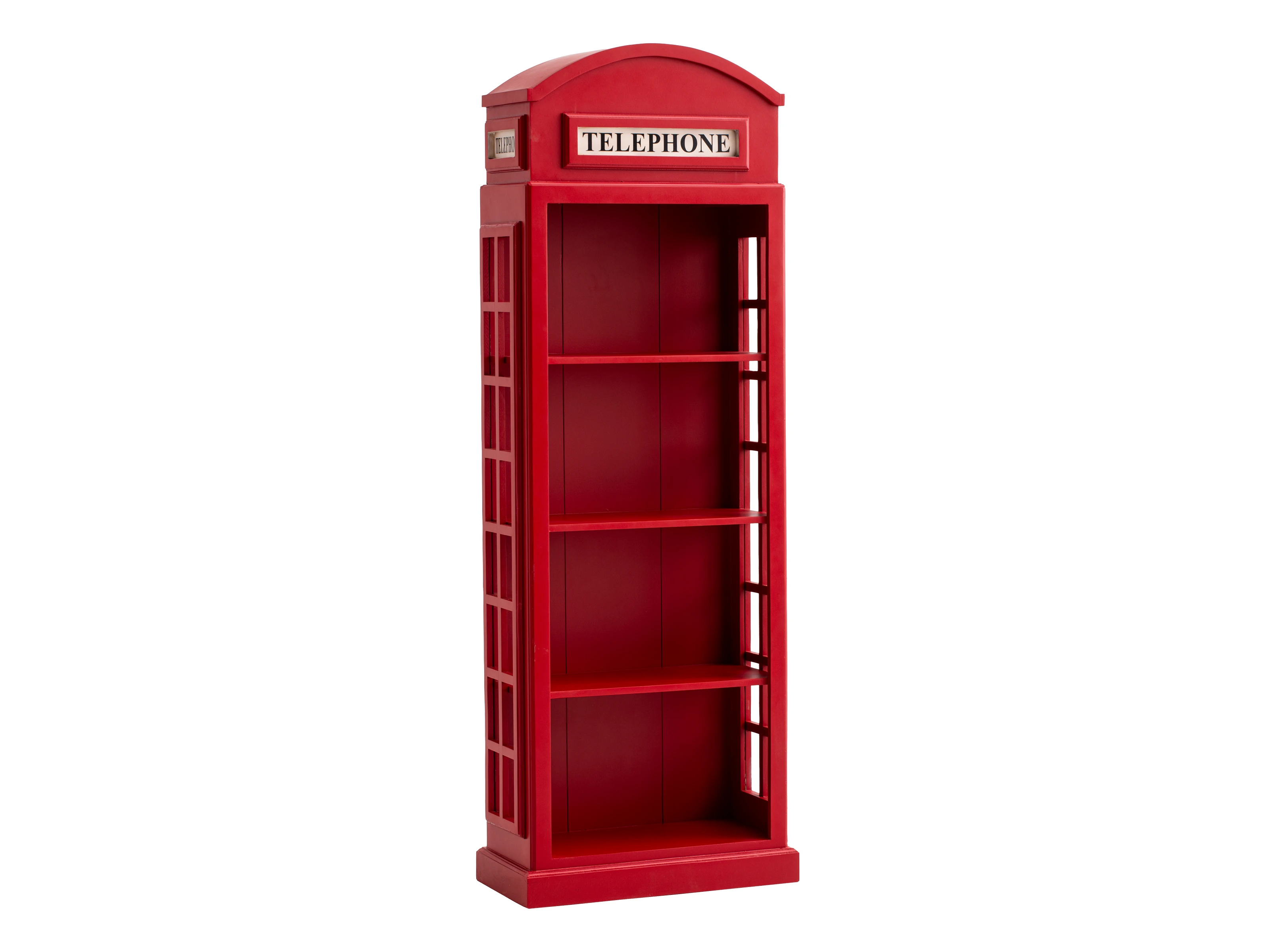 Freisteller Frontansicht: rotes Holz-Bücherregal in Form einer Telefonzelle mit vier offenen Fächern (H205×B72×T32?cm) Freisteller Frontansicht: rotes Holz-Bücherregal in Form einer Telefonzelle mit vier offenen Fächern (H205×B72×T32?cm)