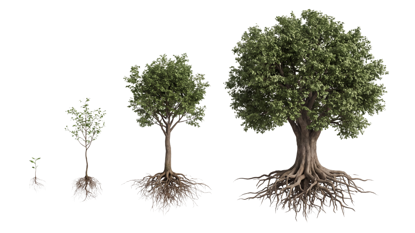 Vier Wachstumsphasen eines Baumes vom kleinen Setzling bis zum ausgewachsenen Baum mit sichtbarem Wurzelwerk