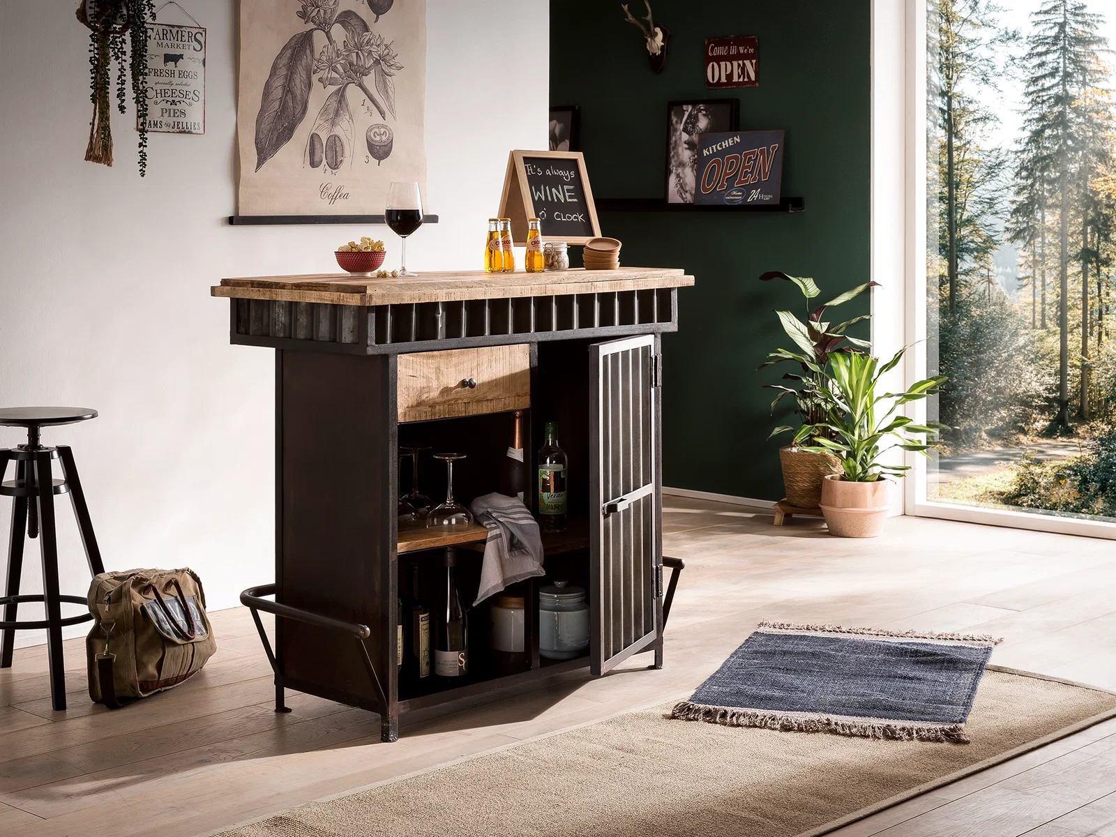 Industrial-Bartresen Yorkshire aus Metall und Mangoholz als markanter Blickfang für Hausbar, Küche oder Esszimmer