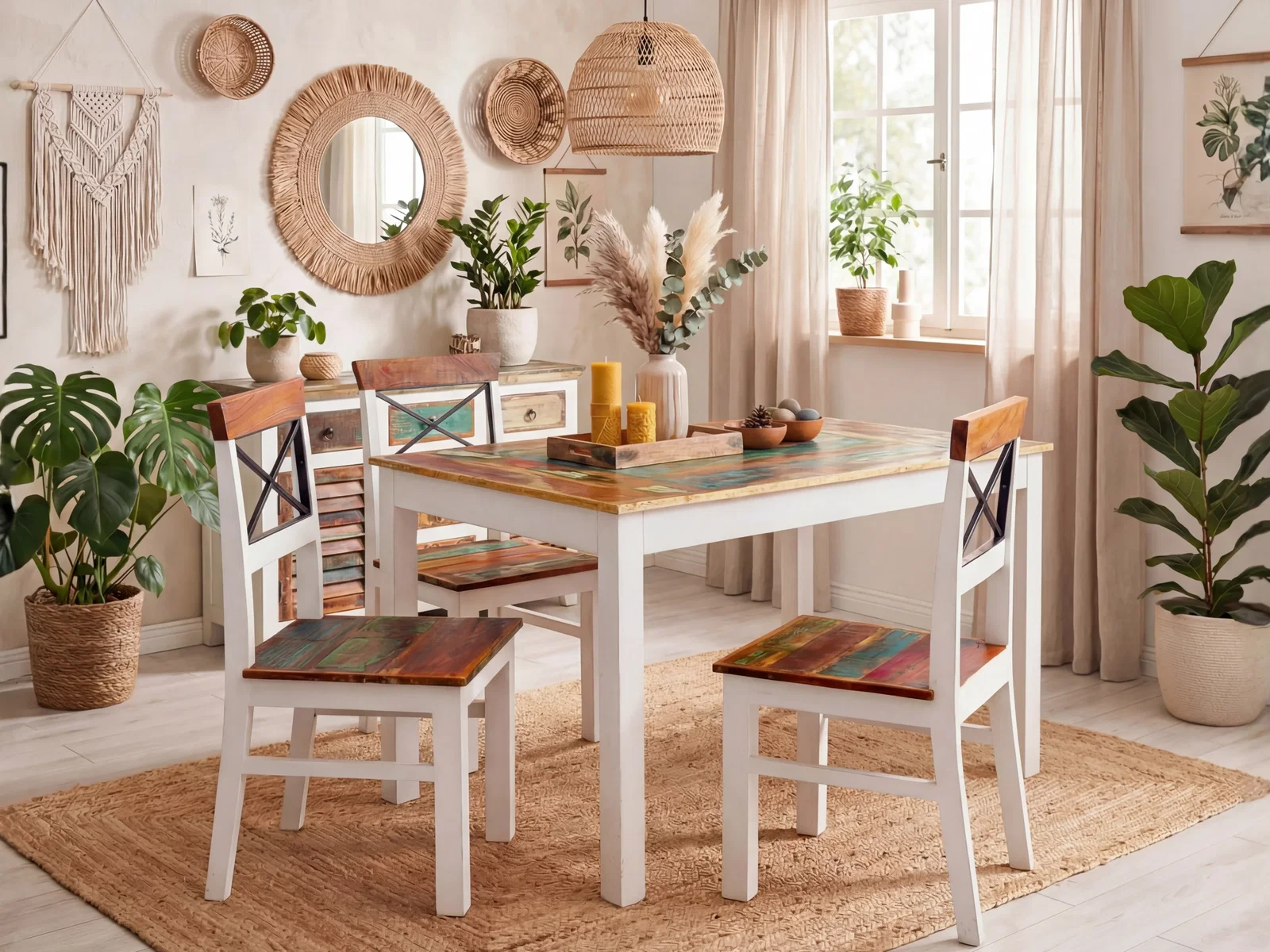 Helles Esszimmer mit weißem Esstisch, farbigen Altholzflächen, vier Stühlen, Pflanzen und natürlichen Boho-Accessoires.