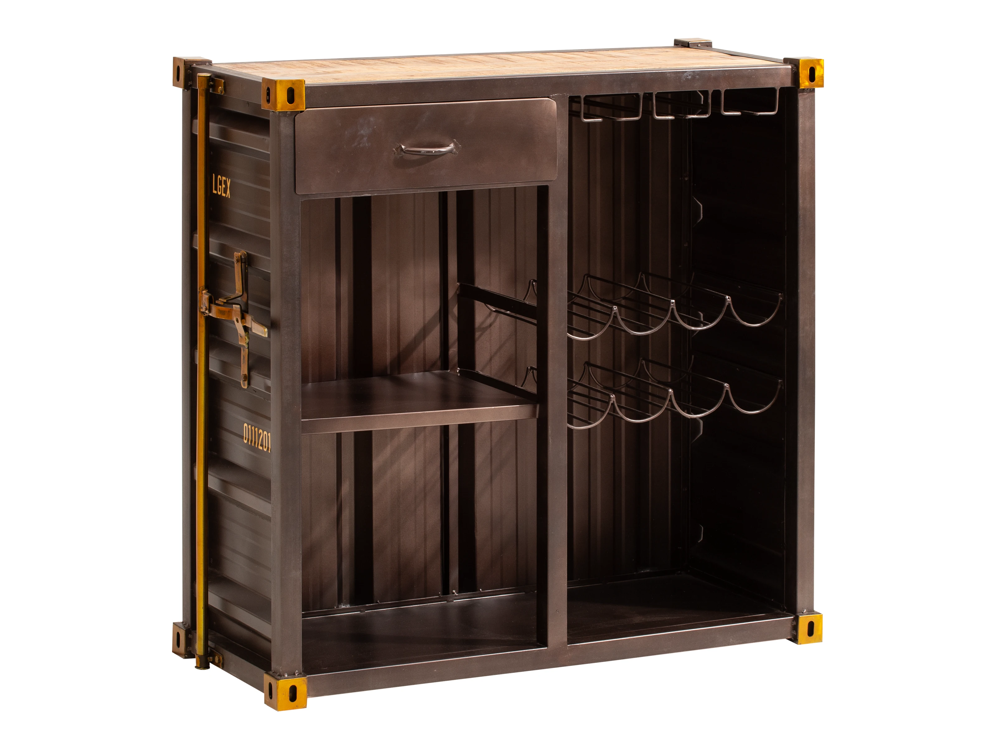 Freisteller-Bartresen Cargon, 45°-Frontansicht geöffnet (102×100×42 cm) brauner Mango-Holz-Metall-Mix mit Schublade & Weinregal.