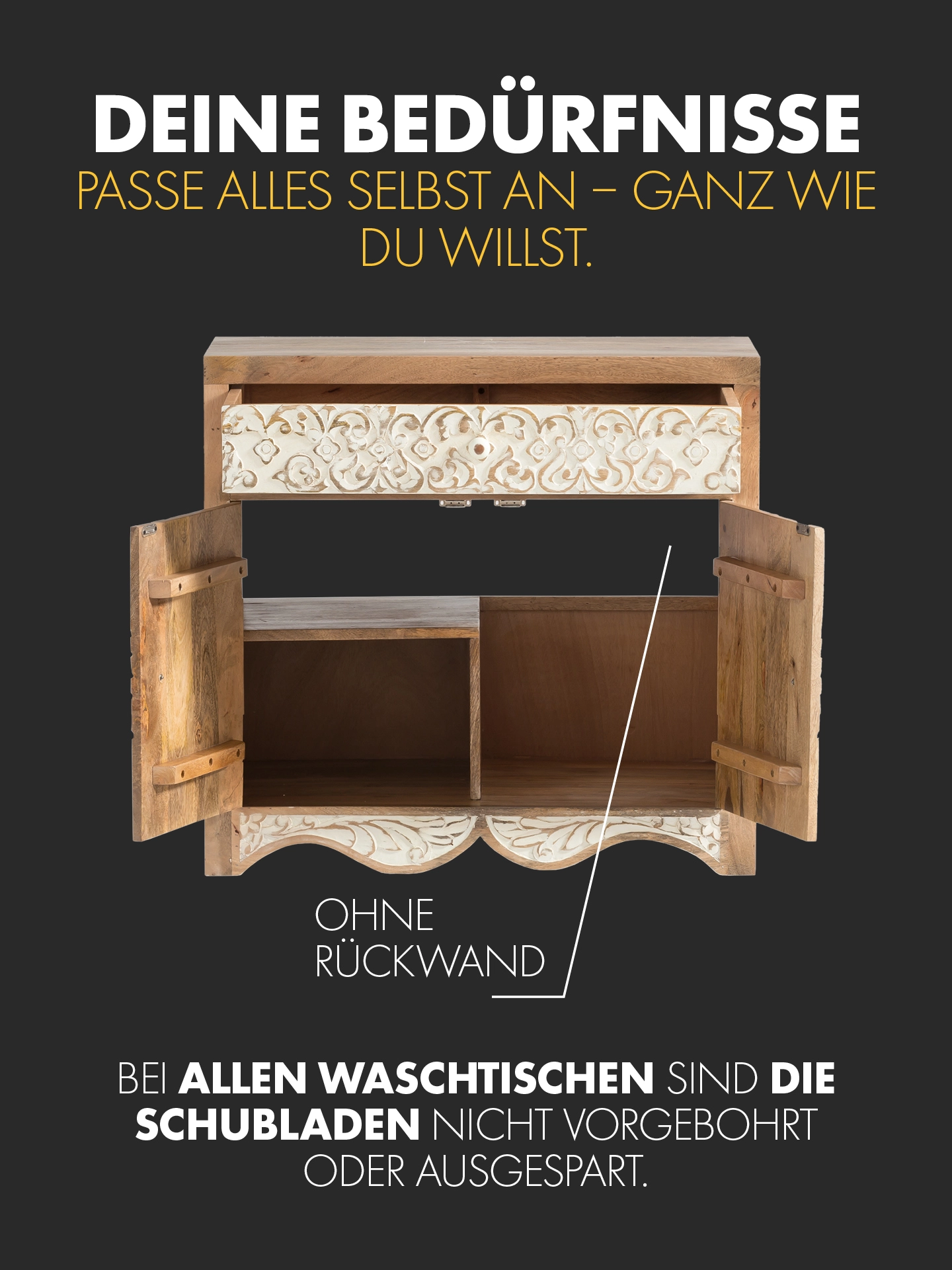 Moderner Holz-Waschtisch mit aufliegendem weißen Becken, matte Armatur und warmem Bad-Ambiente mit Holzmaserung