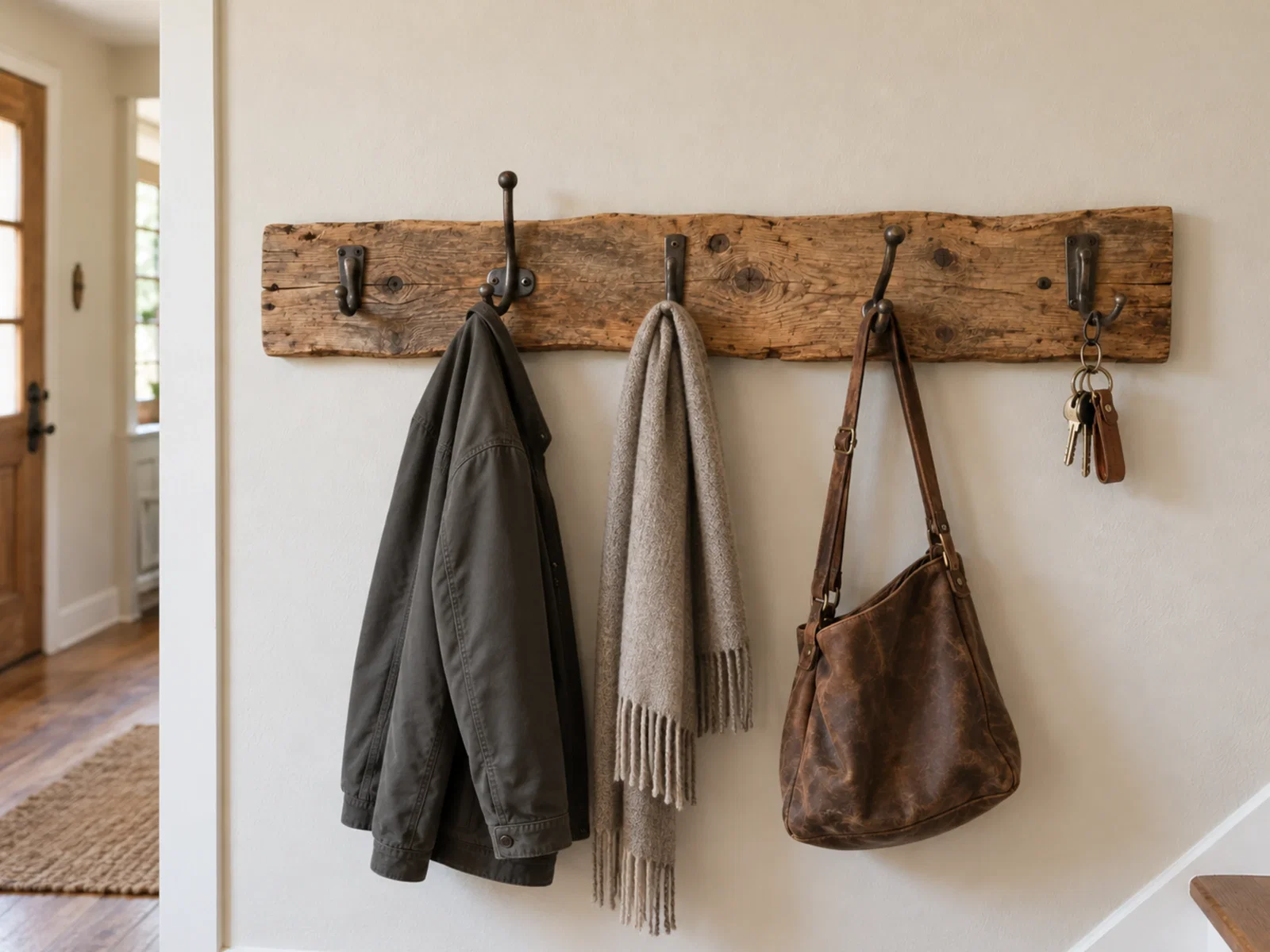 Garderobenleiste aus einem alten Holzbrett mit Metallhaken, Jacke, Schal, Tasche und Schlüsseln an einer hellen Flurwand