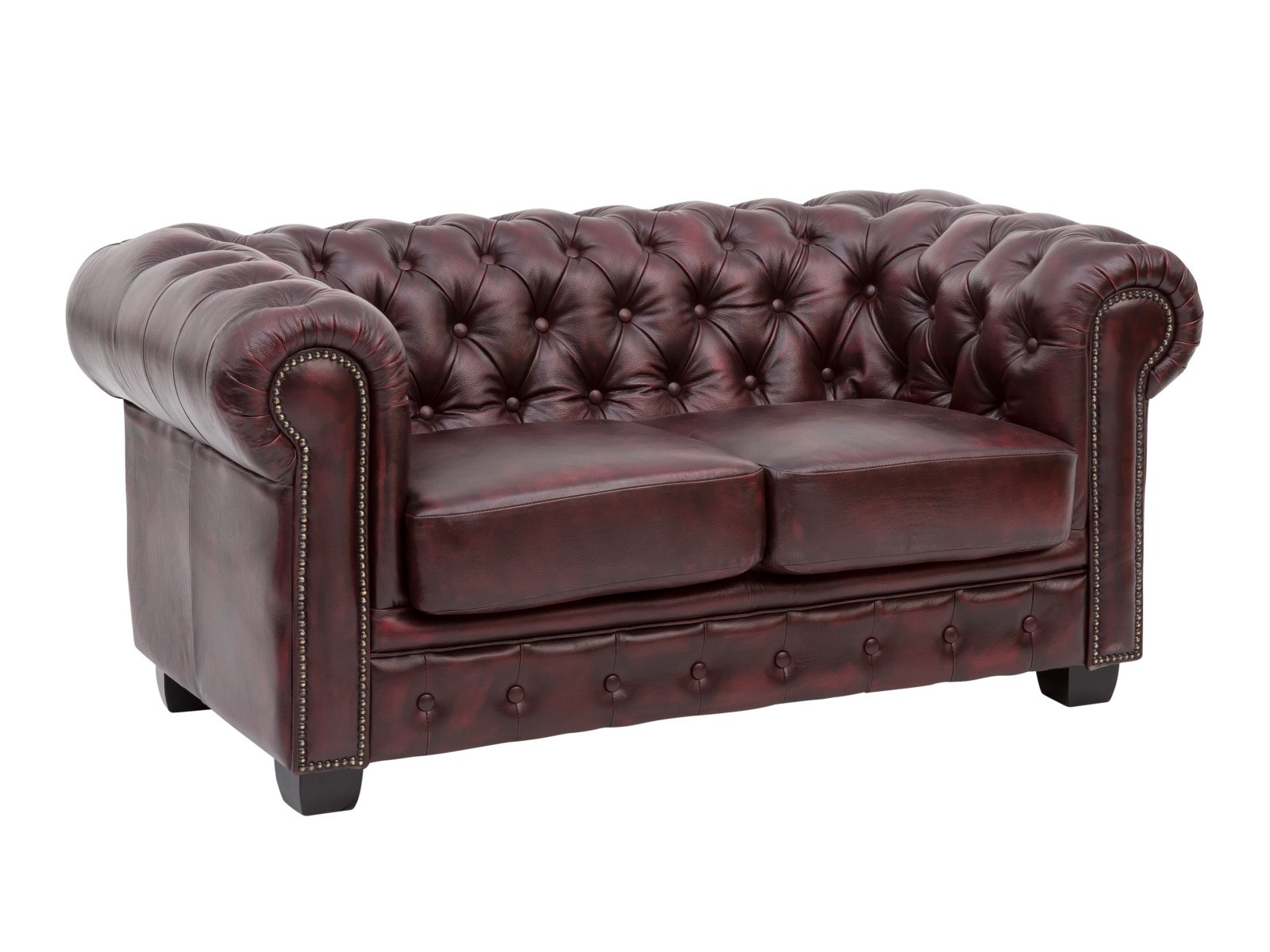 Chesterfield Sofa Garnitur antik rot Echtleder 210x72x90 Schrägansicht