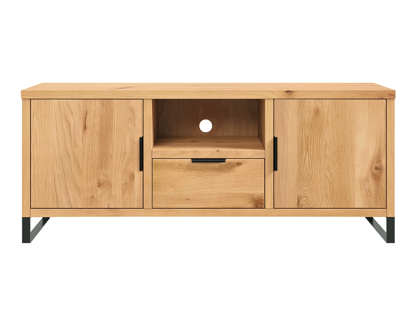 Freisteller-Frontansicht der TV-Bank Sydney aus geölter Wildeiche (134×55×41cm) mit 2 Türen, 1 Schublade und 1 offenem Fach Frontansicht-Freisteller: TV-Sideboard Sydney Wildeiche aus geölter Wildeiche mit Schranktüren, Schublade und offenem Fach