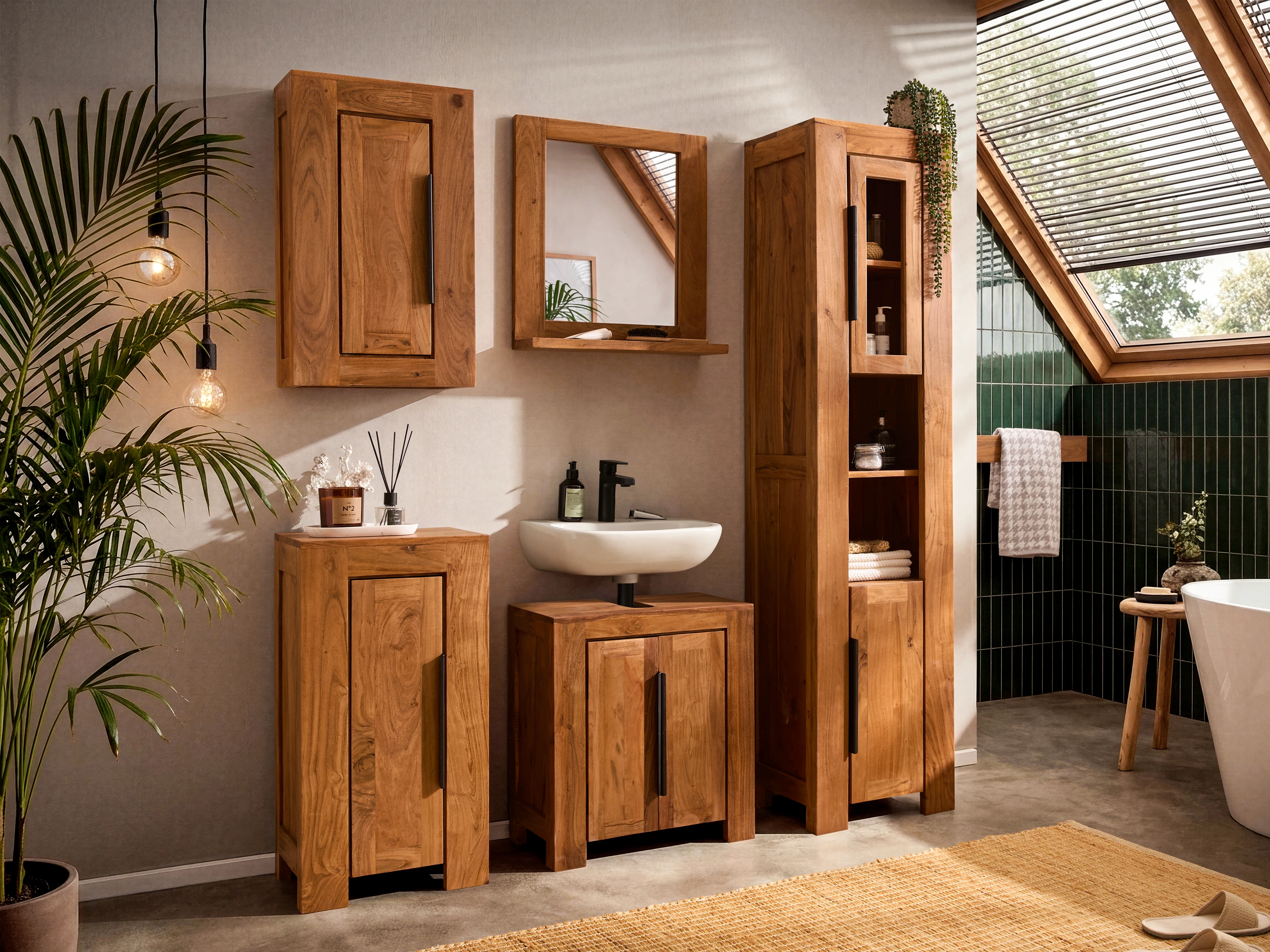 Hochschrank Osbon Akazie - Metallgriffe Schwarz