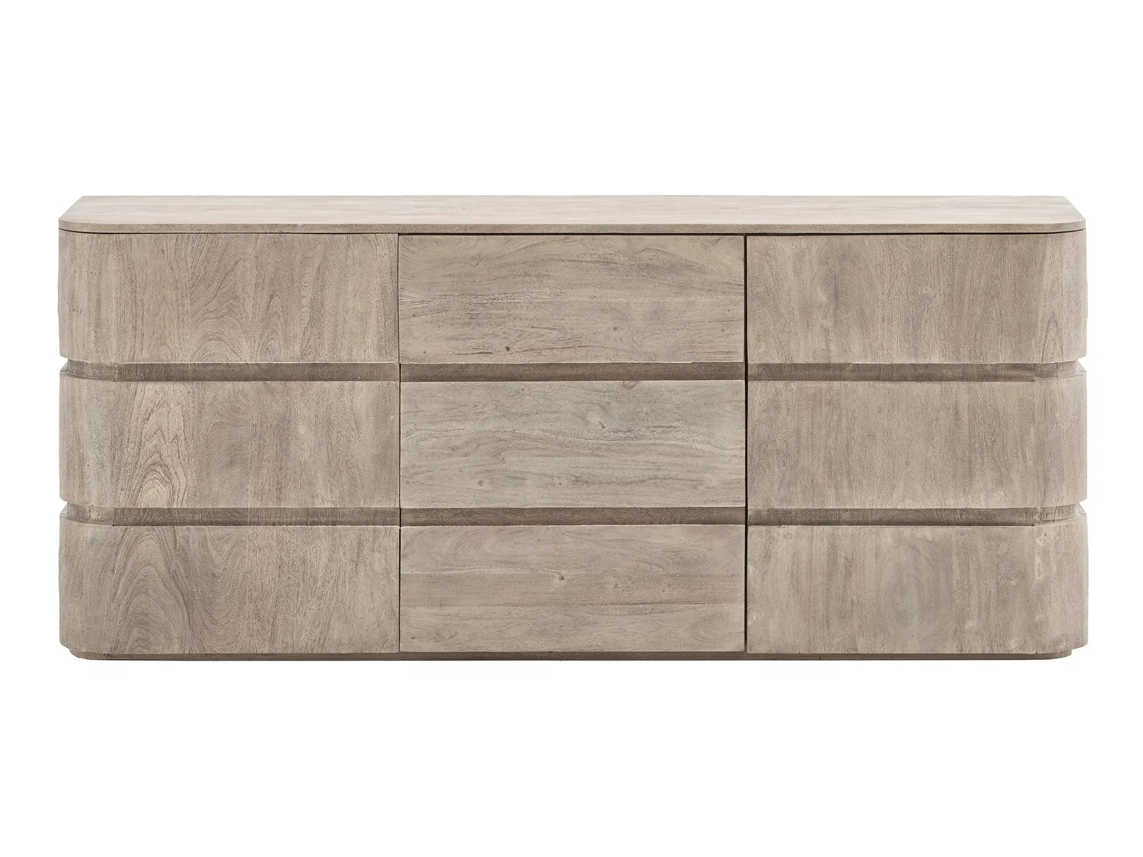 Freisteller: Sideboard Kala aus Akazienholz in Grau, Frontansicht, detailreiches Produktfoto mit 2 Türen und 3 Schubladen.