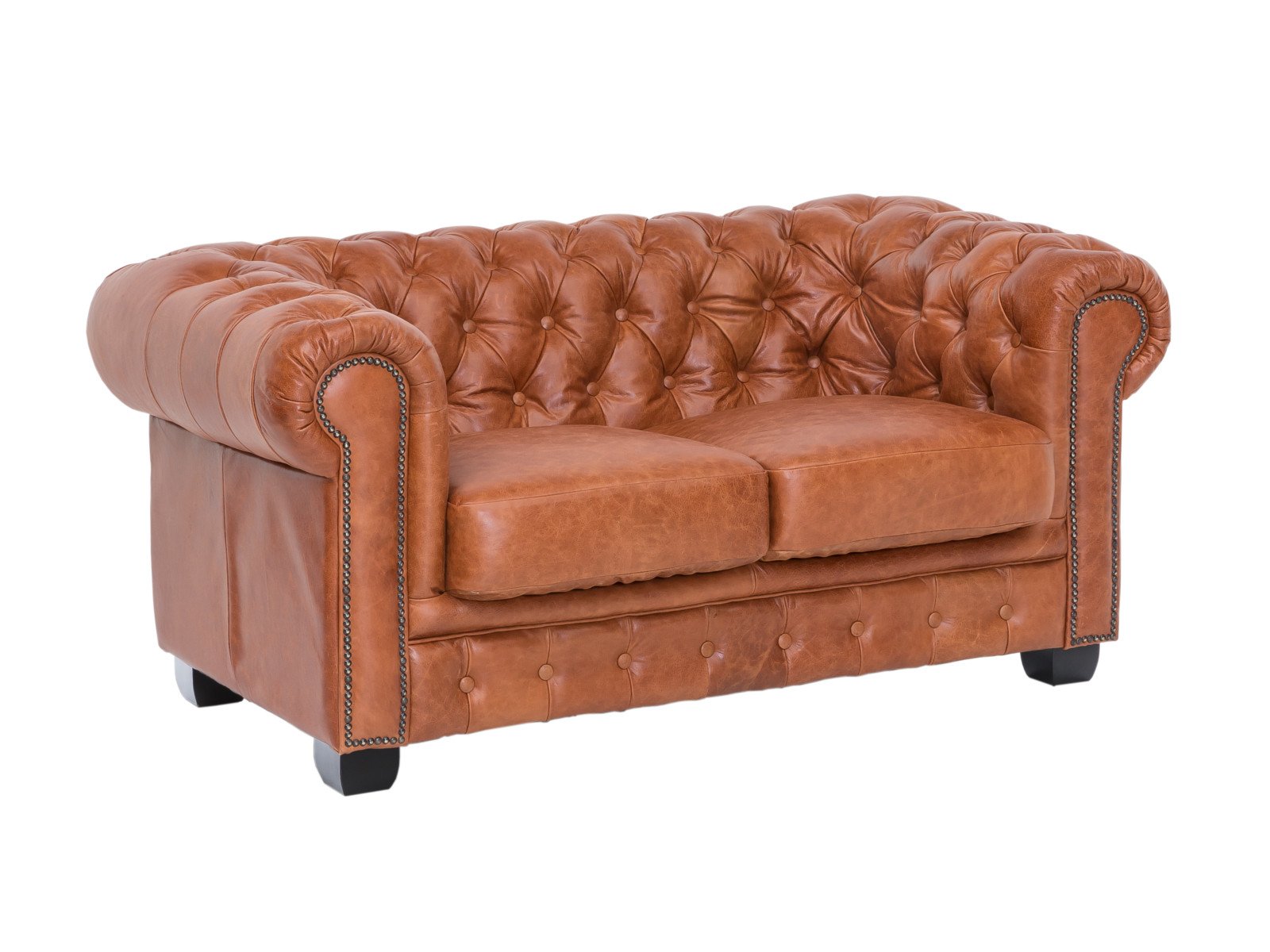 Sofa Chesterfield 2-Sitzer Echtleder vintage cracker 155x72x90 Schrägansicht