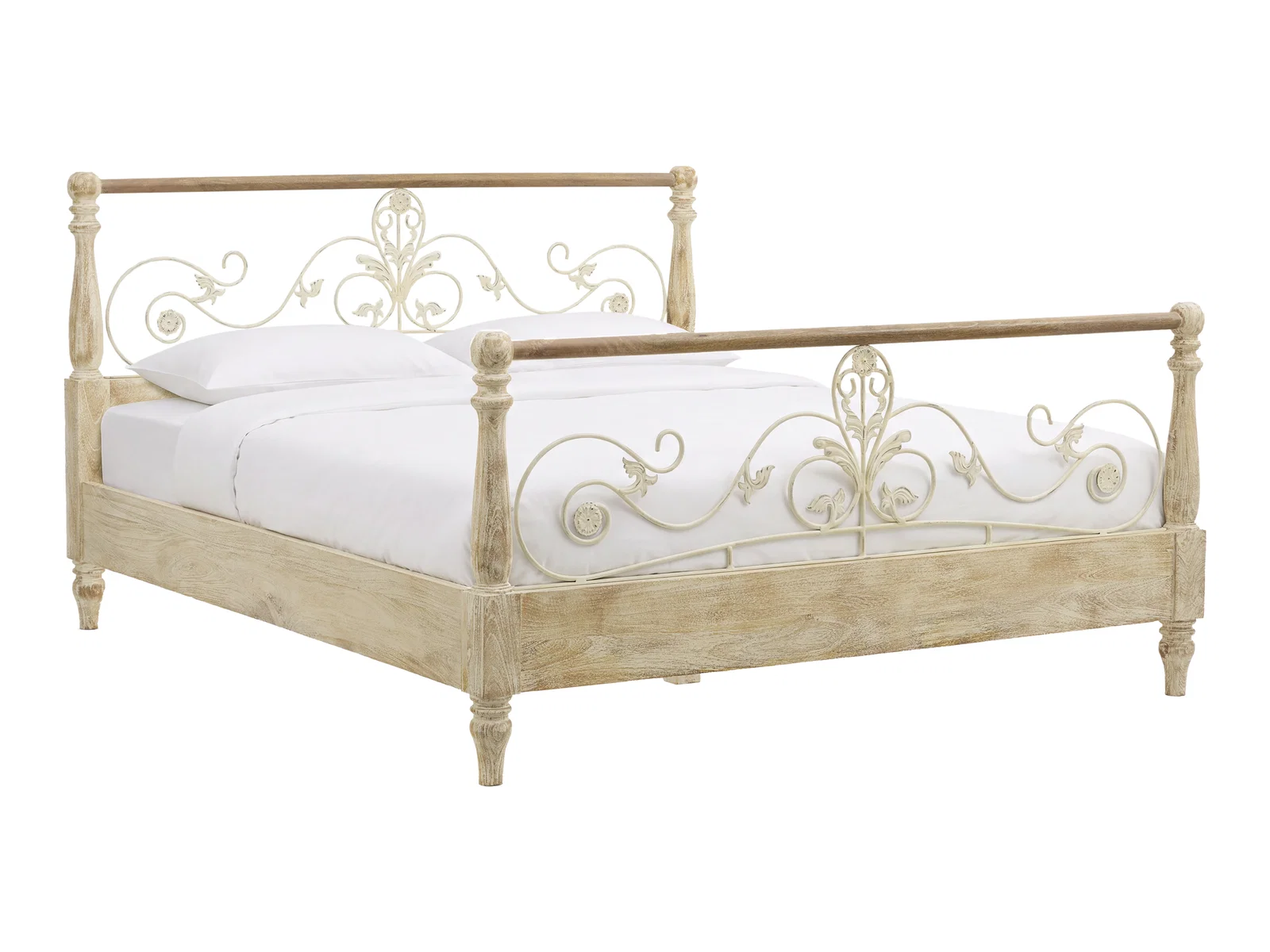 Bett Gladis 180x200 aus Mangoholz, Freisteller in 45-Grad-Ansicht mit weißem Metallkopfteil und Holzrahmen, detailreiche Produktpräsentation ohne Matratze und Lattenrost.