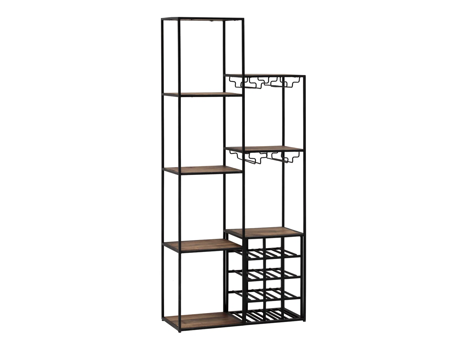 Freisteller 45°-Ansicht: Regal Aro aus Metall & Holz mit Holzböden und Weinregal-Funktion, Maße B73 x H165 x T30 cm