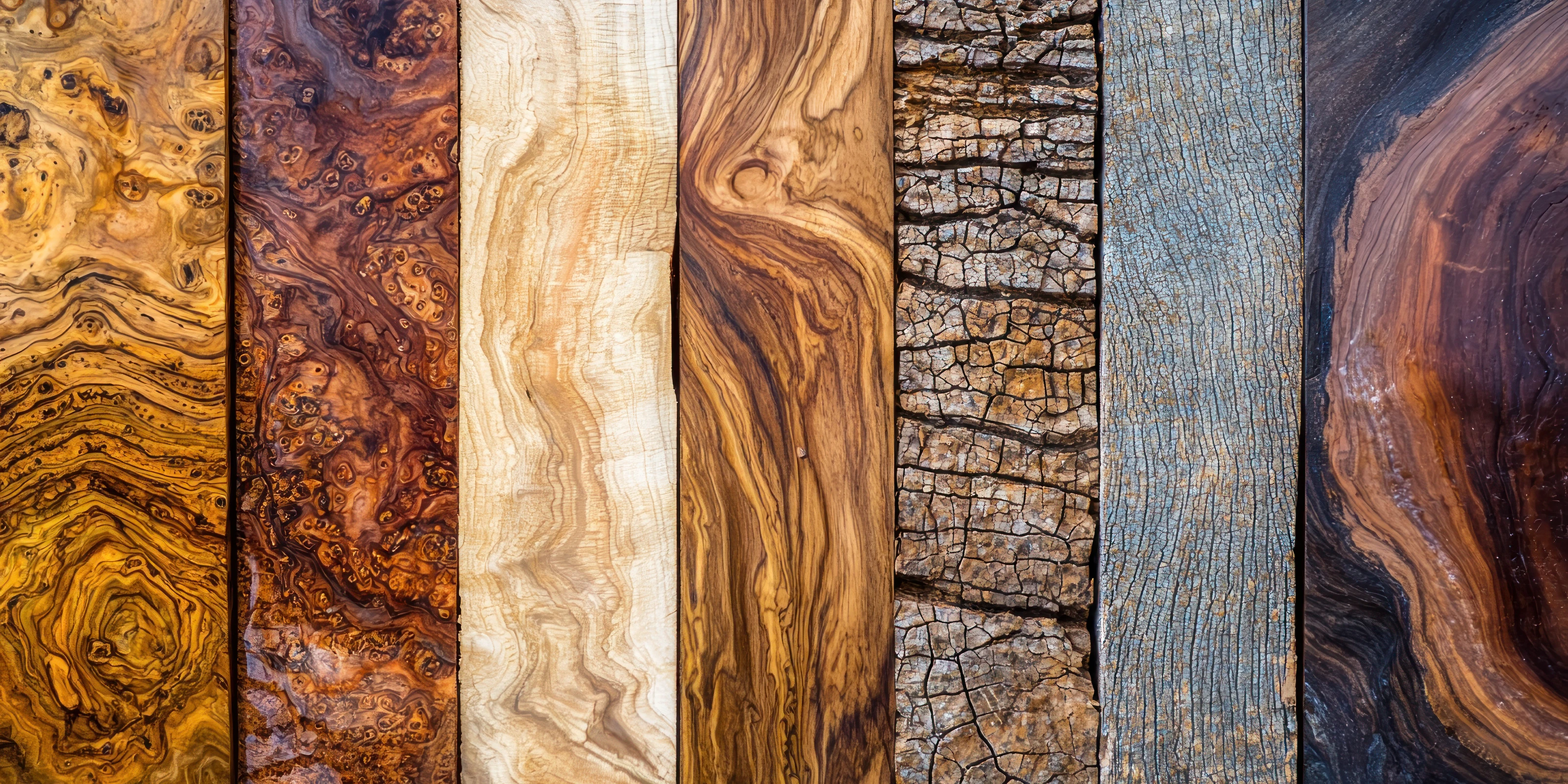 Holzproben nebeneinander mit unterschiedlichen Maserungen und Farbtönen von hell bis dunkel, geölte Oberfläche