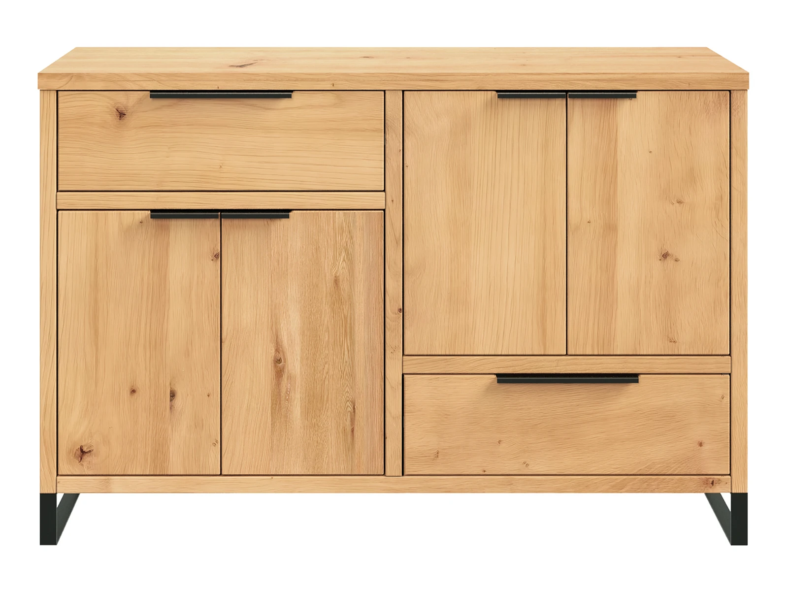 Frontansicht Freisteller: Sideboard Sydney (126×84×41 cm) aus geölter Wildeiche, 4 Türen & 2 Schubladen, braun. Frontansicht Freisteller: Sideboard Sydney (126×84×41 cm) aus geölter Wildeiche, 4 Türen & 2 Schubladen, braun.