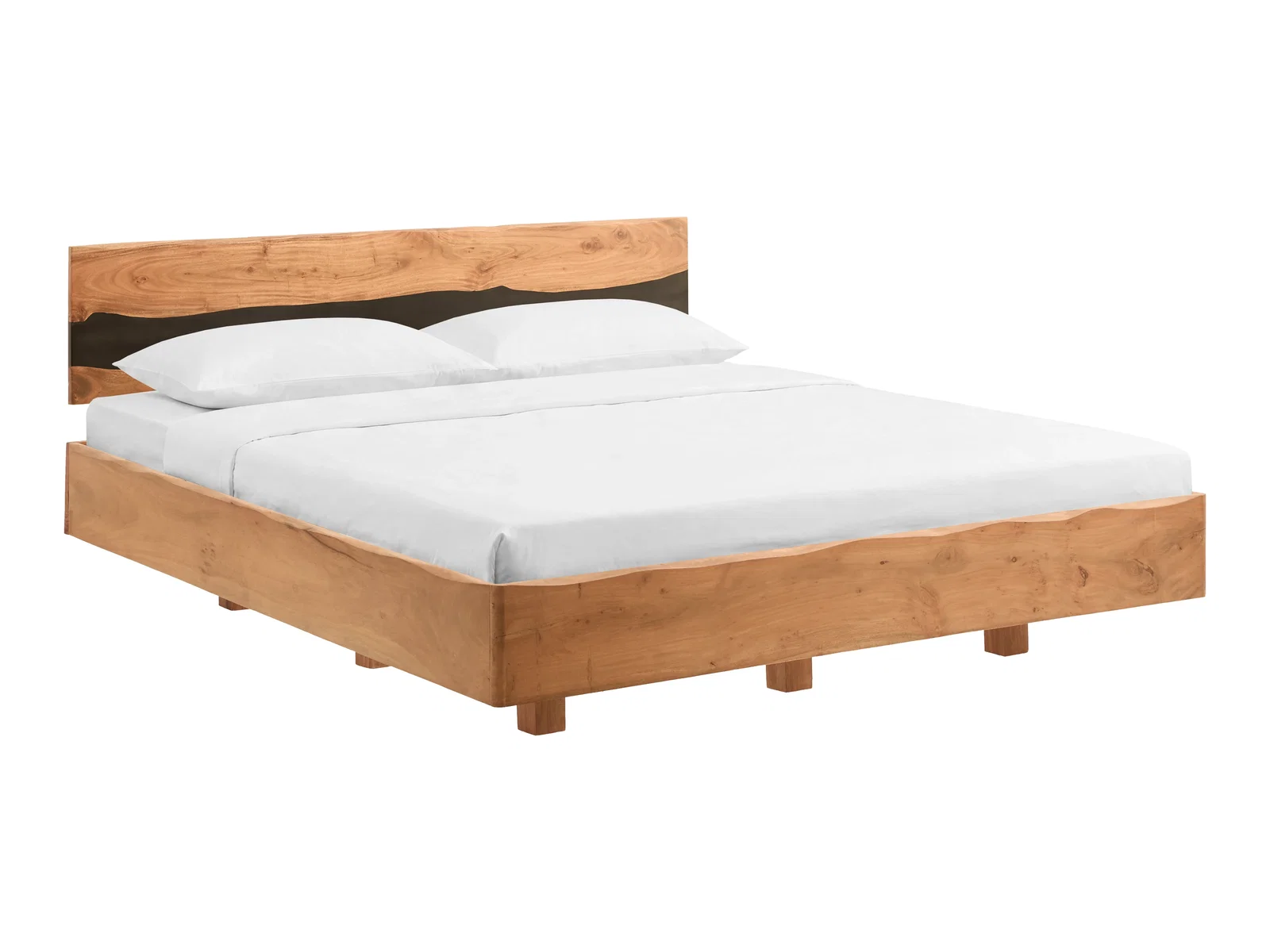 Freisteller in 45-Grad-Ansicht: Bett River 180x200 aus lackierter Akazie in Braun mit Holzrahmen und Kopfteil.