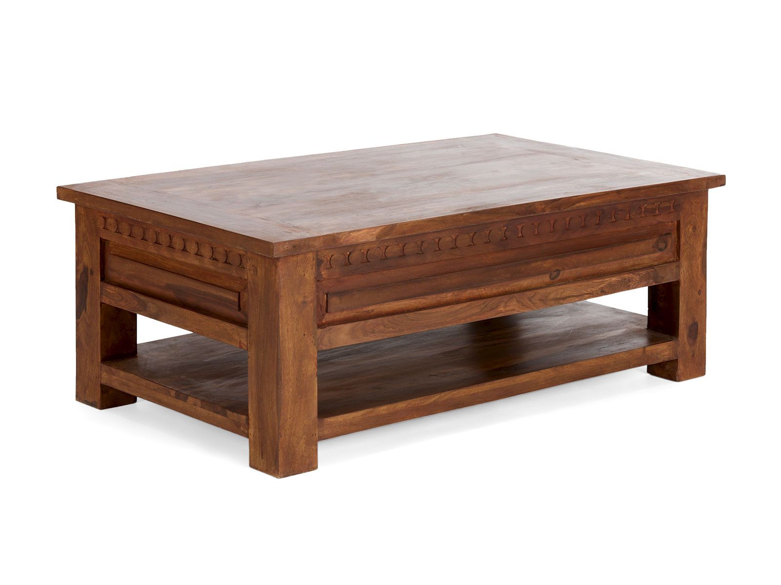 Freisteller 45°-Ansicht: Couchtisch Merlow Akazie aus lackiertem Akazienholz, 120×45×70 cm, mit 3 Schubladen u. Ablageboden.