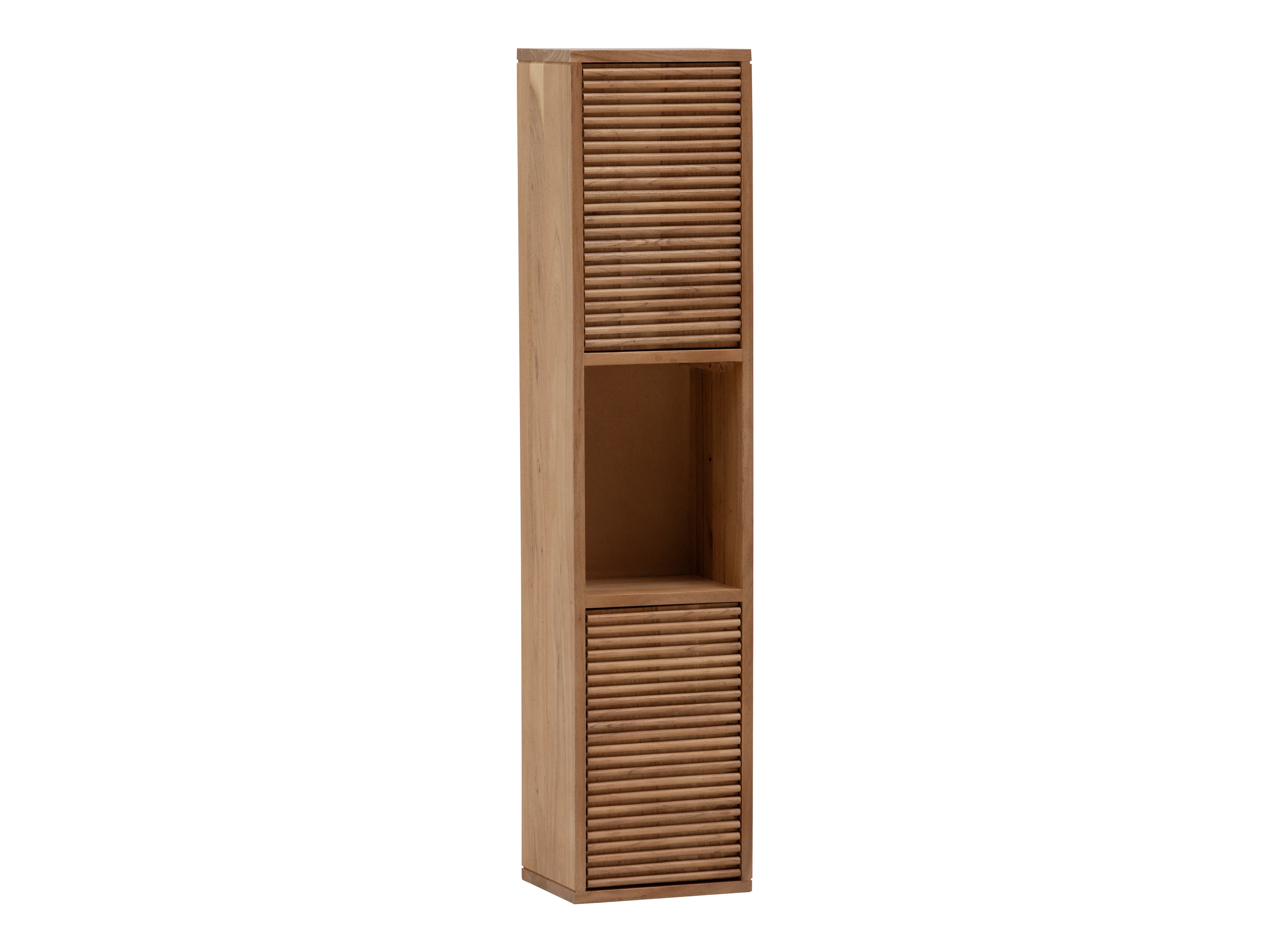 Freisteller-Frontansicht des Badschranks Kali Akazie aus lackiertem Akazienholz, braun, mit zwei Rollo-Türen und Regal.