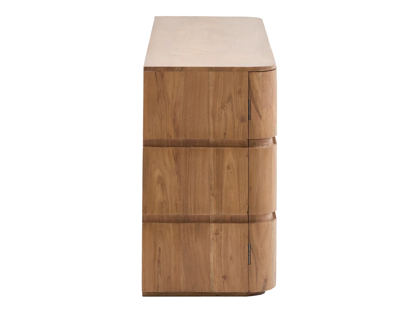Sideboard Kala aus Akazienholz, braun, Freisteller in Seitenansicht mit geschlossenen Türen und lackierter Oberfläche.