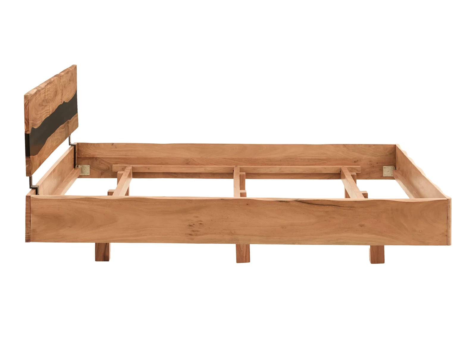 Bett River 180x200 aus Akazienholz, Freisteller in Frontansicht geöffnet, mit Holzrahmen und Kopfteil, Produktdetail für Online-Möbelshop.