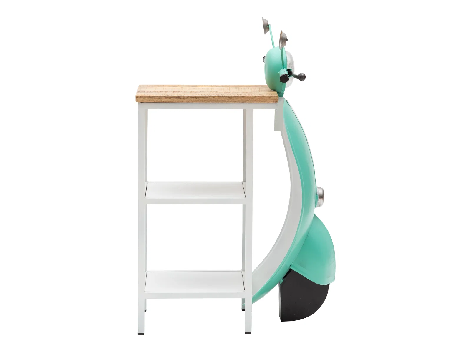 Konsolentisch Scooter Micro Mint, Freisteller in Seitenansicht, mit Holzplatte und Metall-Motordesign in Mintgrün, moderner Design-Couchtisch/Beistelltisch fürs Wohnzimmer