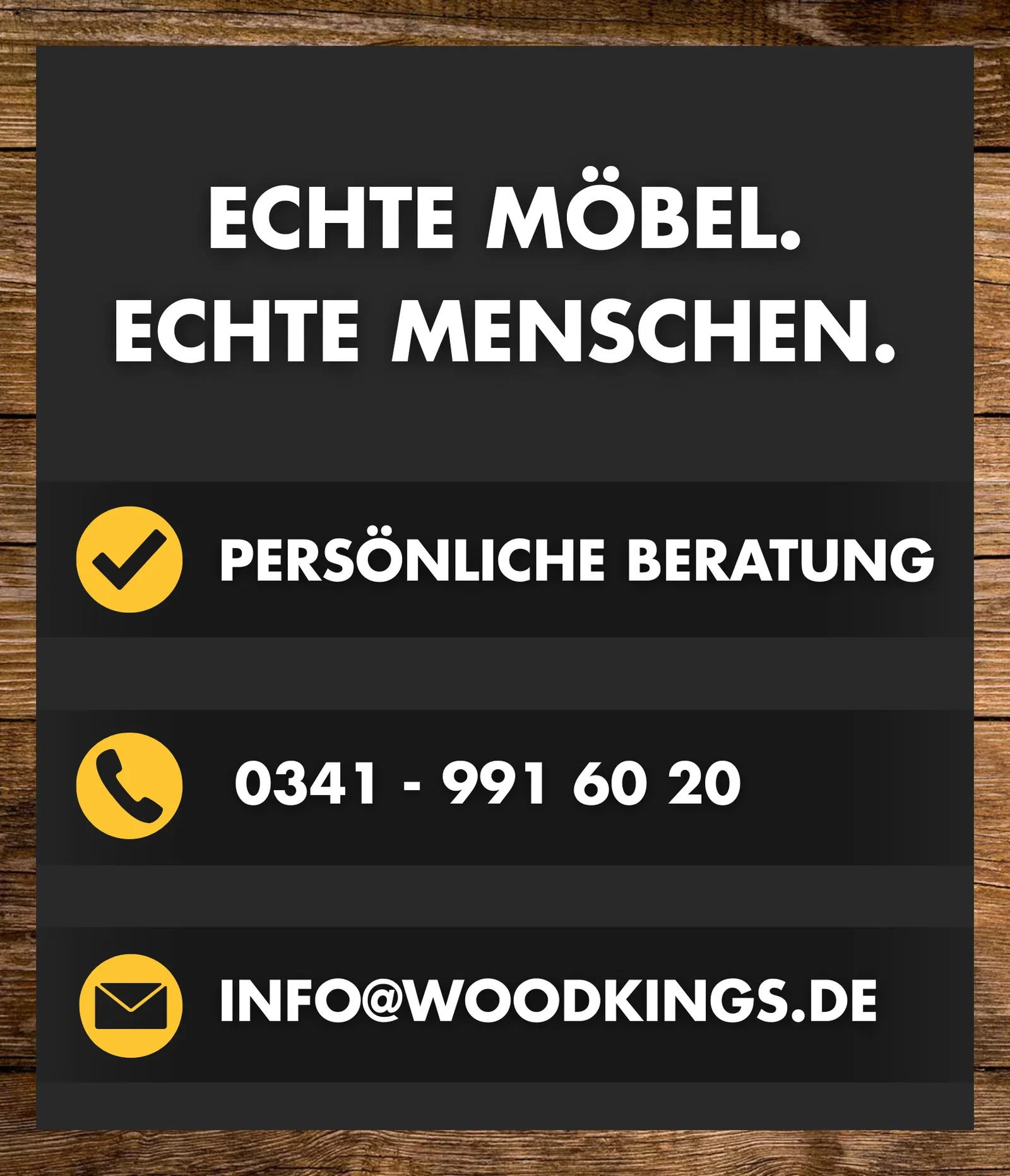 Woodkings Service-Banner mit Icons für Kundenservice, Lieferung und Montage vor hellem Holzhintergrund