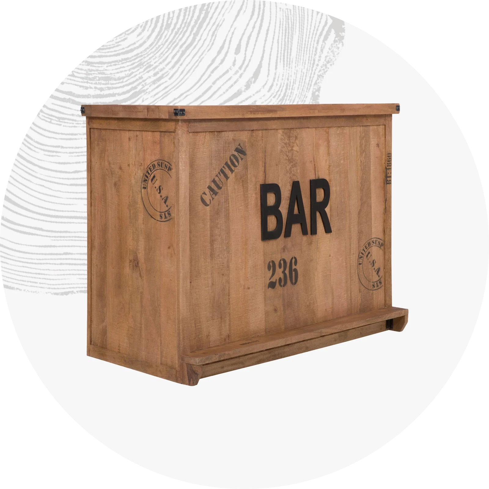 Moderner Bartresen aus Holz mit rustikalem Holzfinish im warmen, industriellen Bar-Ambiente