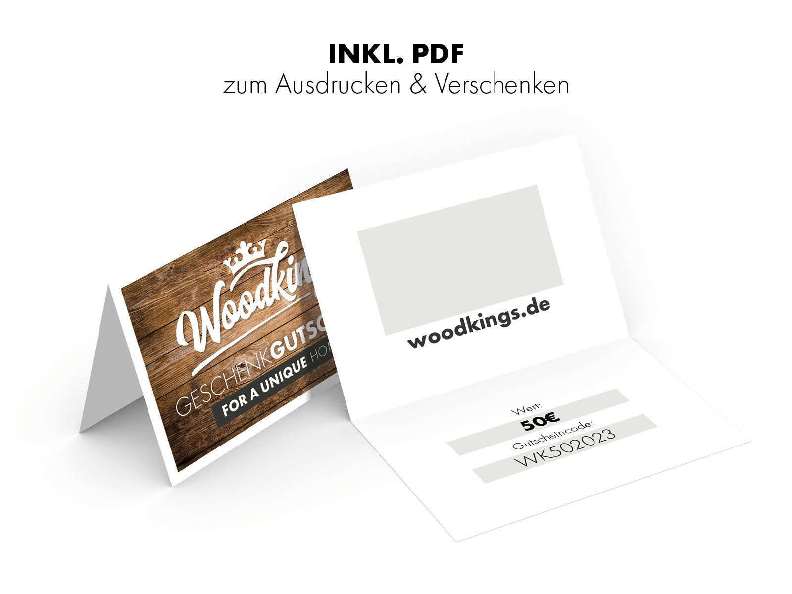 Geöffneter 45°-Freisteller des Woodkings-Gutscheins (150 EUR) mit Holzoptik-Front und Innenansicht samt Wertangabe und Code