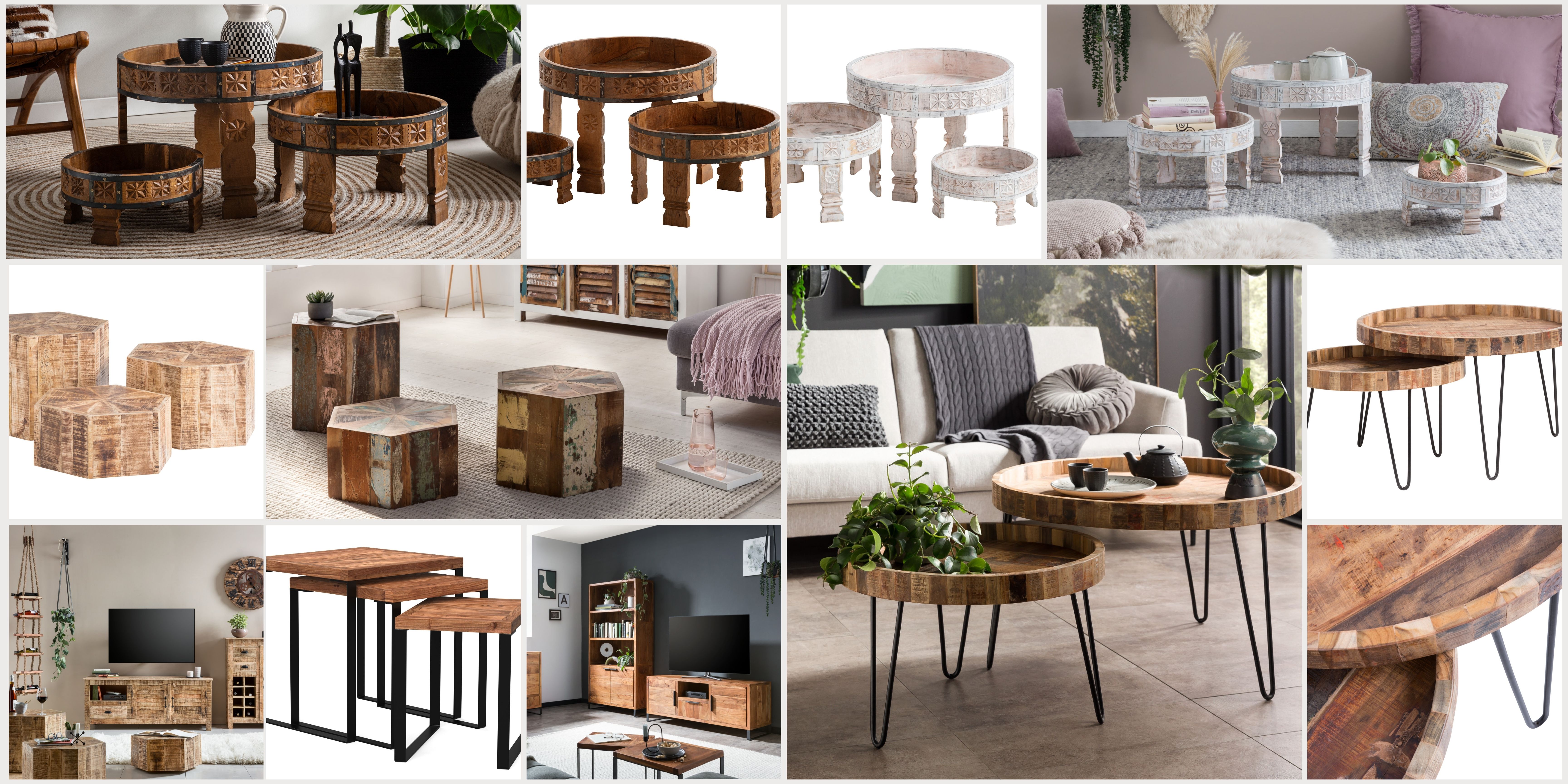 Set aus verschachtelbaren Satztischen aus Massivholz in unterschiedlichen Höhen, modern, natürlicher Holzton fürs Wohnzimmer.