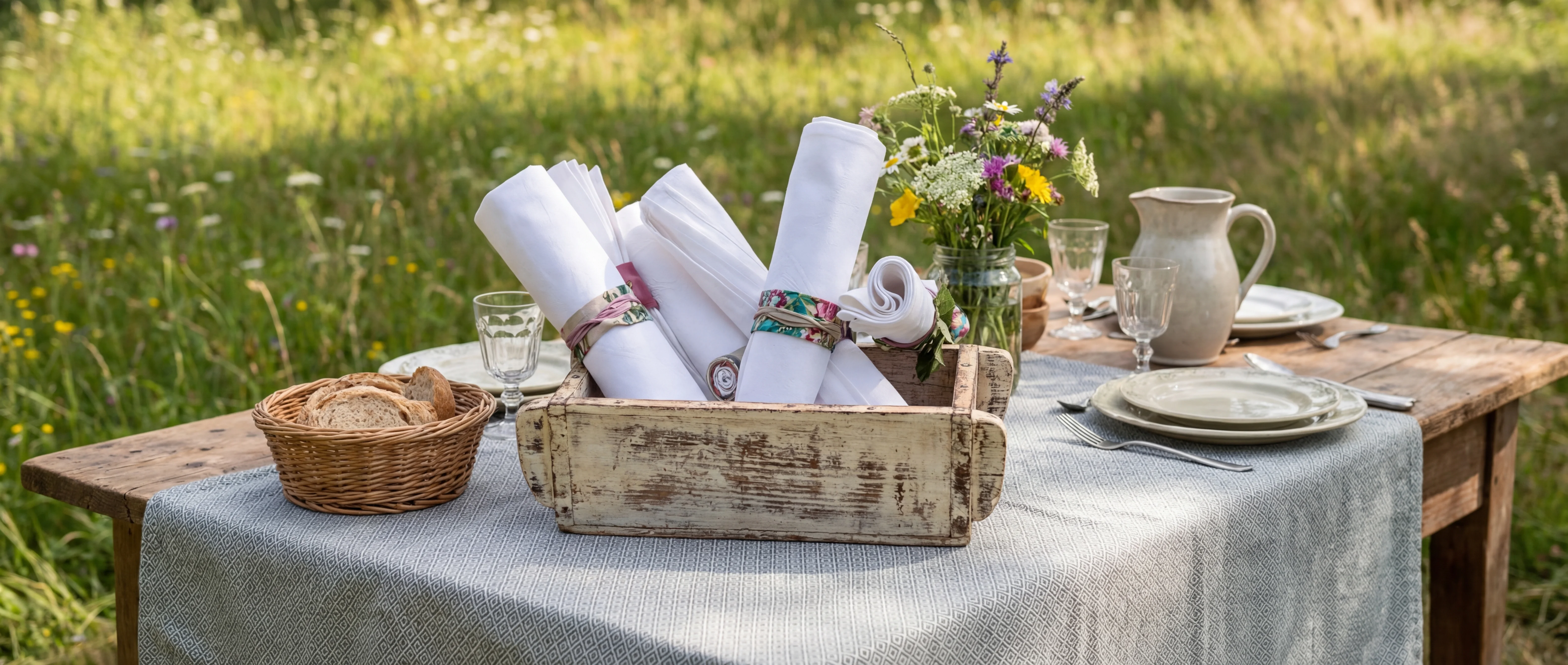Frühlingsdeko mit weißen Blütenzweigen in rustikaler Ziegelform aus Holz, natürliches Ambiente im Vintage-Stil