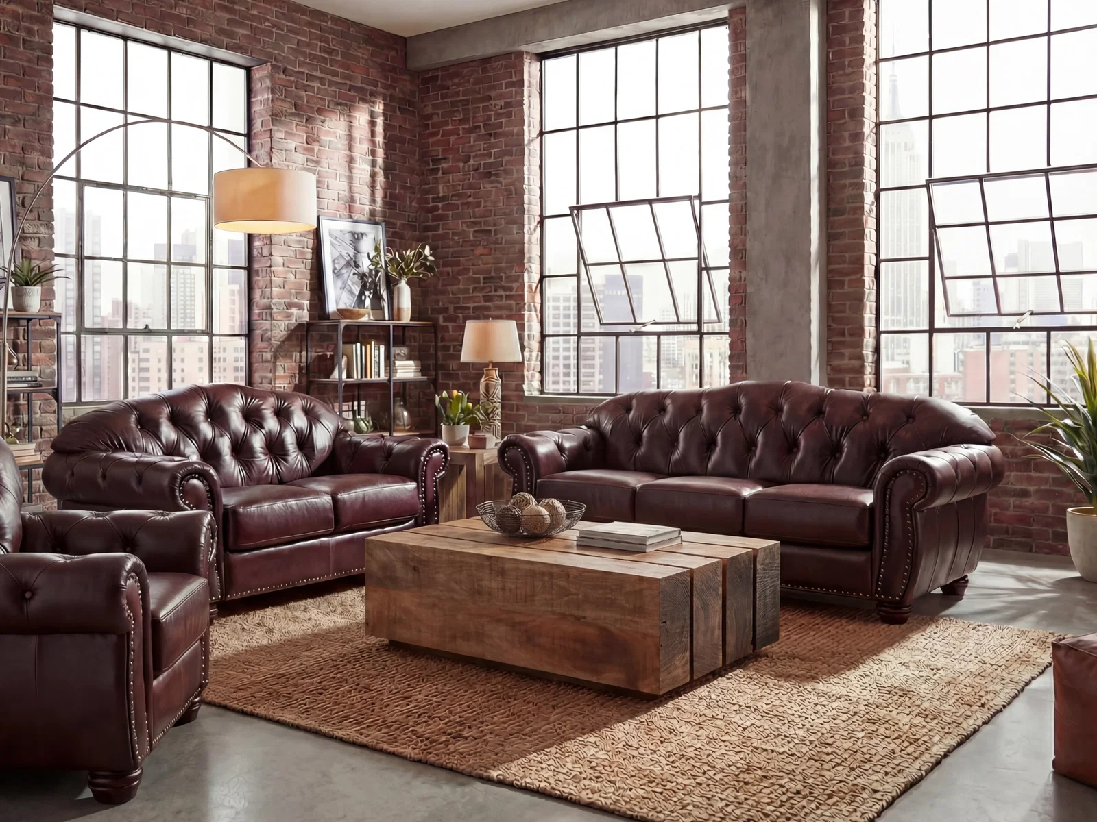 Braunes Chesterfield-Sofa-Set Hereford mit Knopfheftung in einem Wohnzimmer mit Backsteinwänden und großen Fenstern