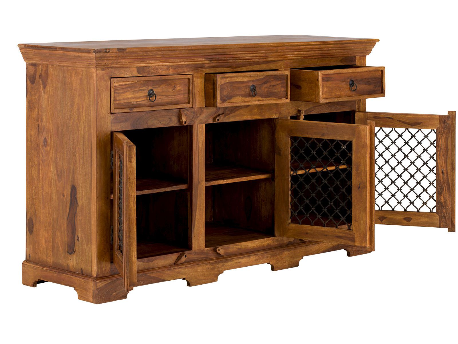 Freisteller 45°-Ansicht: Sideboard Merlino, 3-türig, 3 Schubladen, lackiertes Akazienholz, Frontansicht mit geöffneten Türen