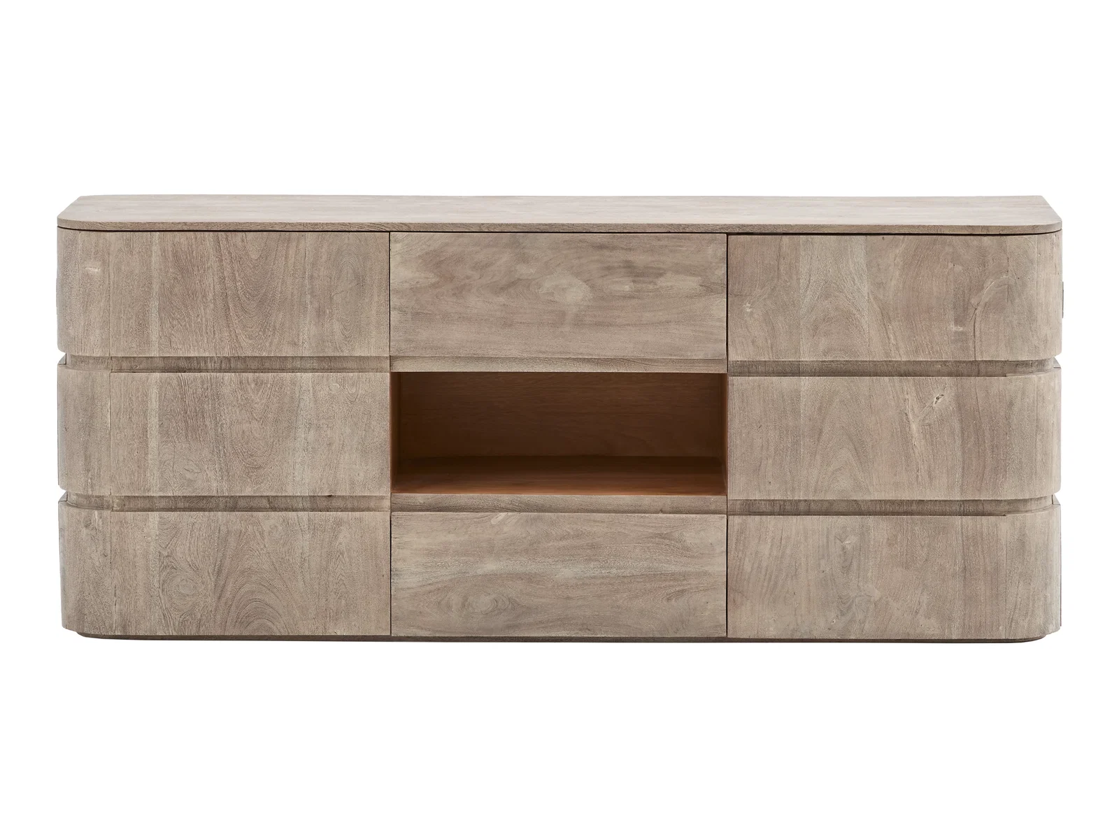 TV Sideboard Kala aus Akazie grau, Freisteller in Frontansicht; modernes Holz-Board mit 2 Türen, 2 Schubladen und offenem Fach, lackierte Oberfläche.
